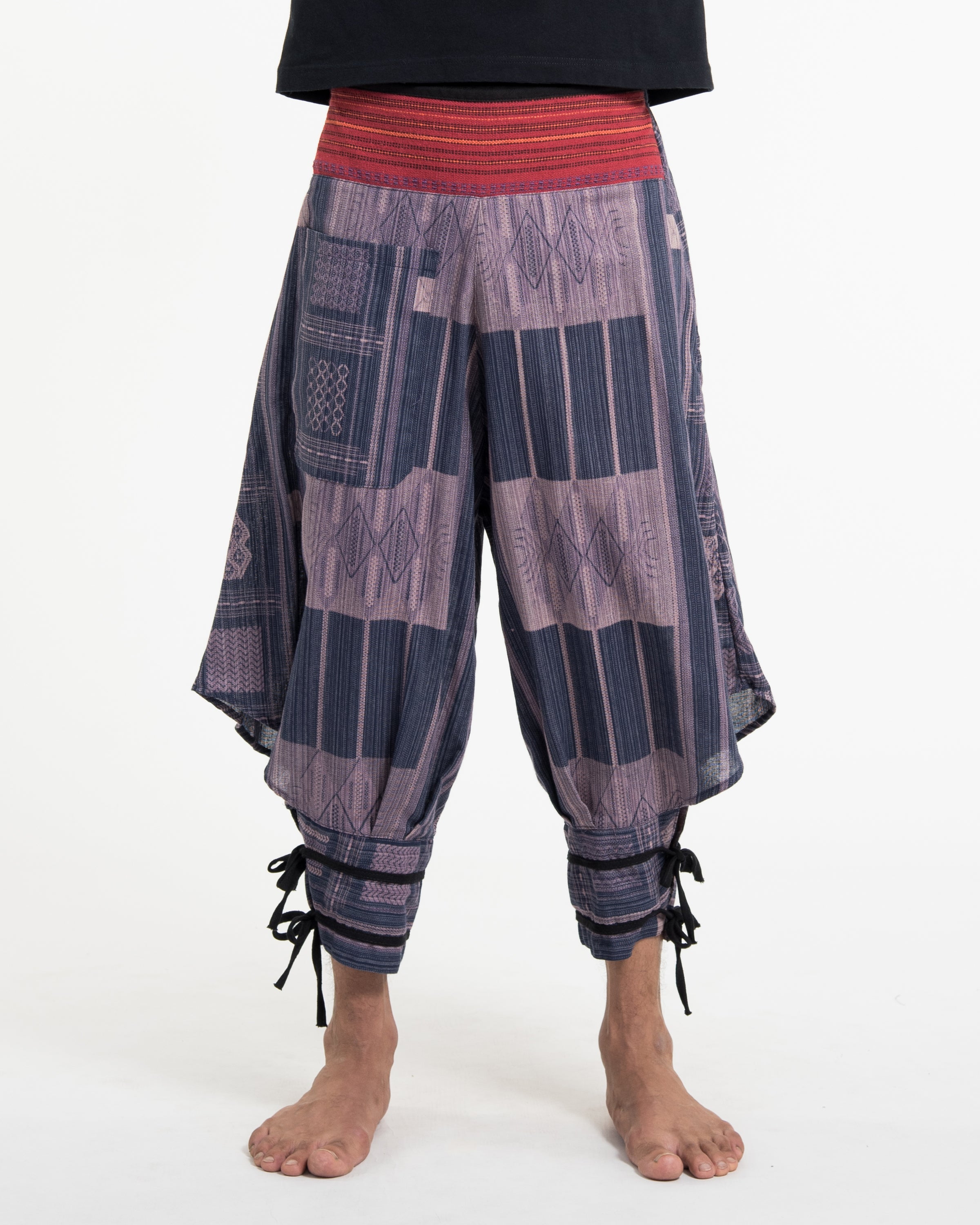 Thai Hill Tribe Fabric Men's Harem Pants with Ankle Straps in Artisan Blue