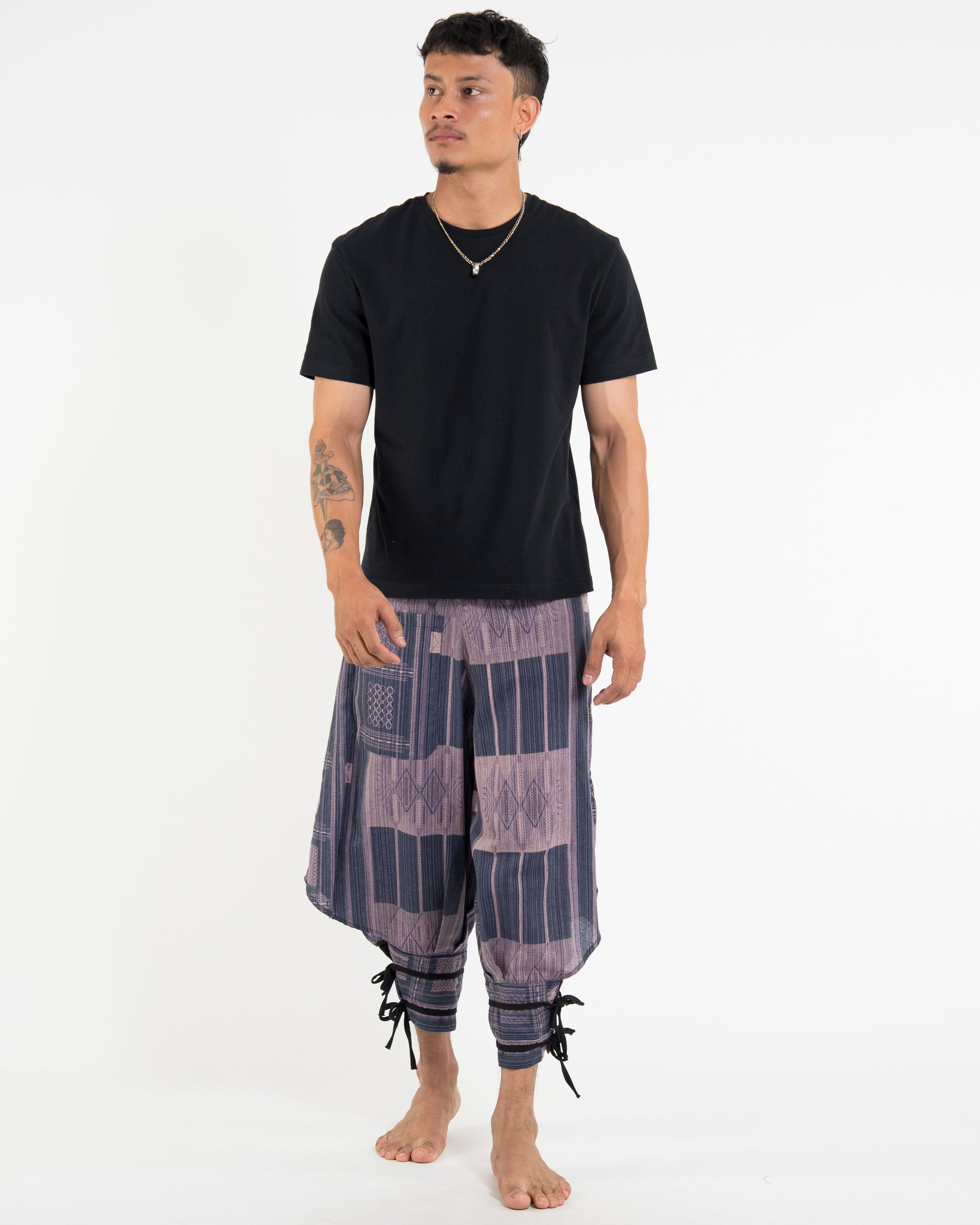 Thai Hill Tribe Fabric Men's Harem Pants with Ankle Straps in Artisan Blue