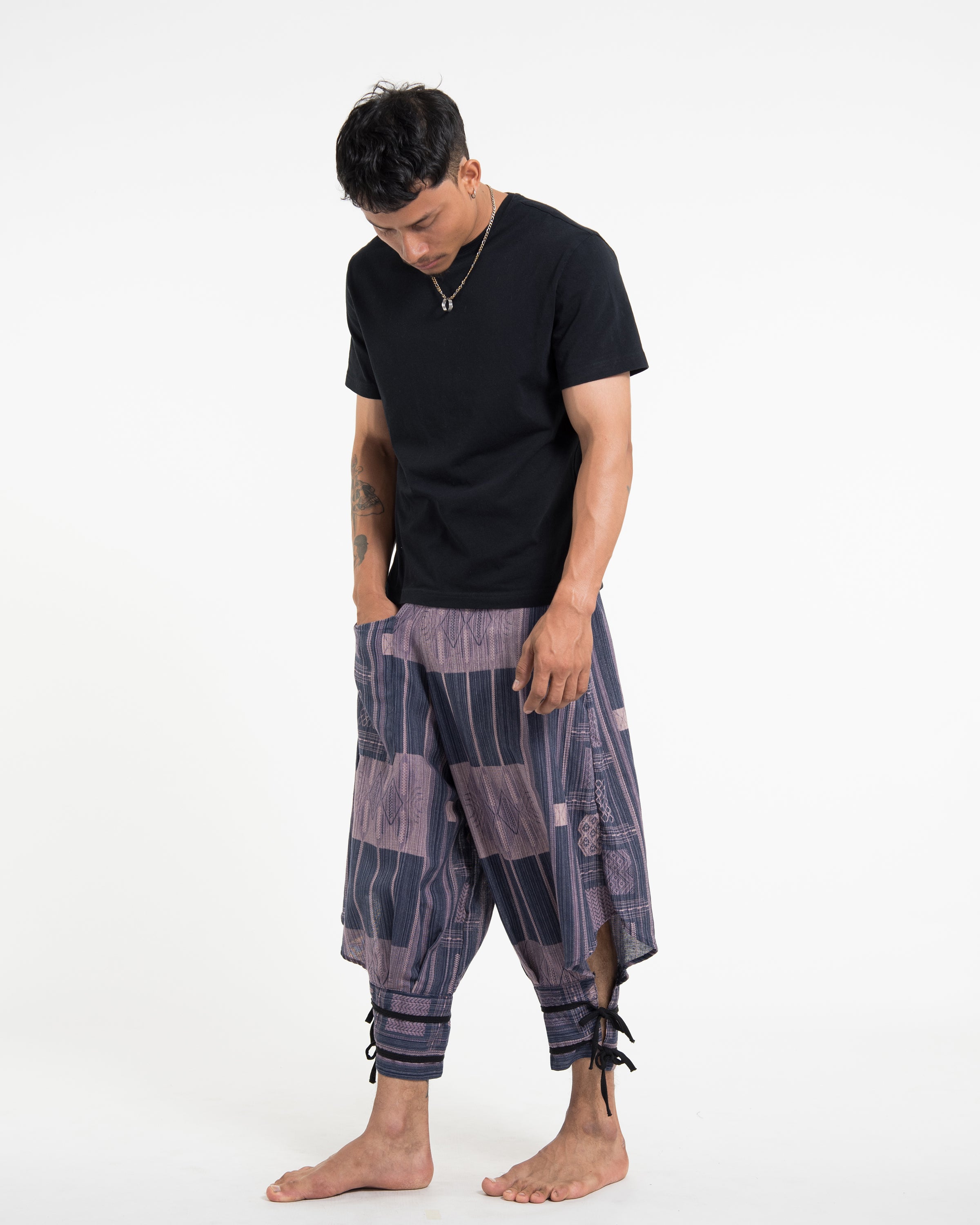 Thai Hill Tribe Fabric Men's Harem Pants with Ankle Straps in Artisan Blue