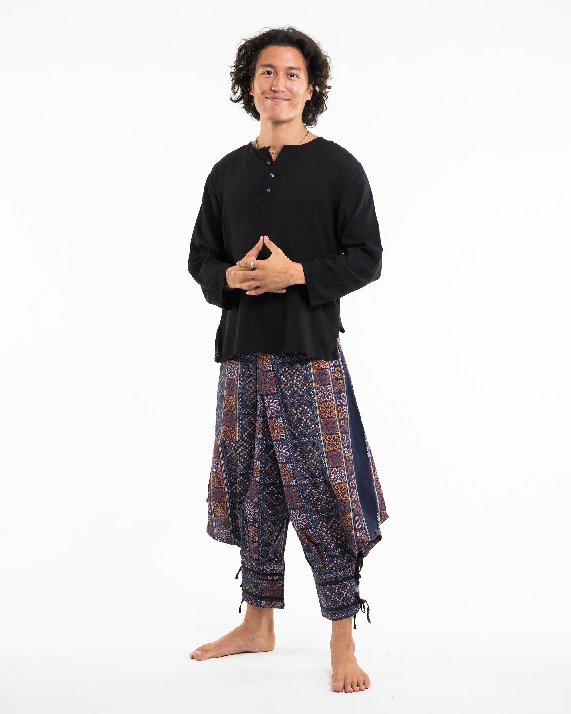 Clovers Thai Hill Tribe Fabric Men's Harem Pants with Ankle Straps in Blue