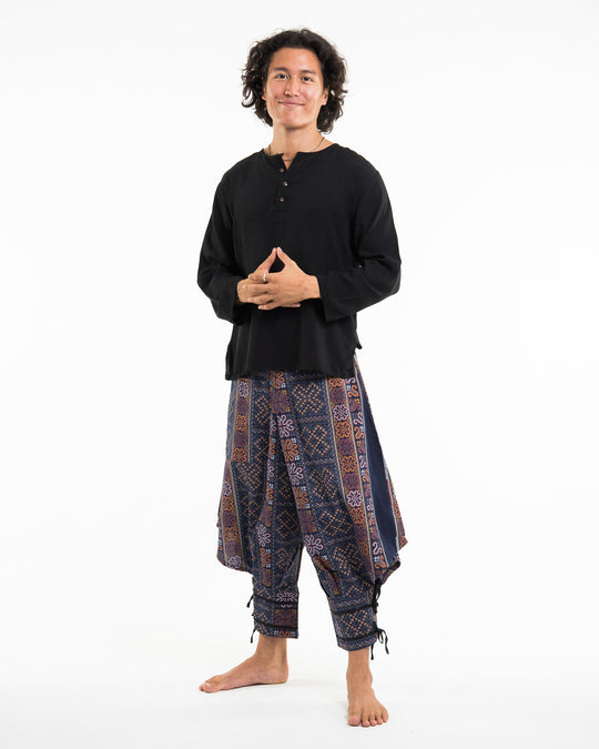 Clovers Thai Hill Tribe Fabric Men's Harem Pants with Ankle Straps in Blue