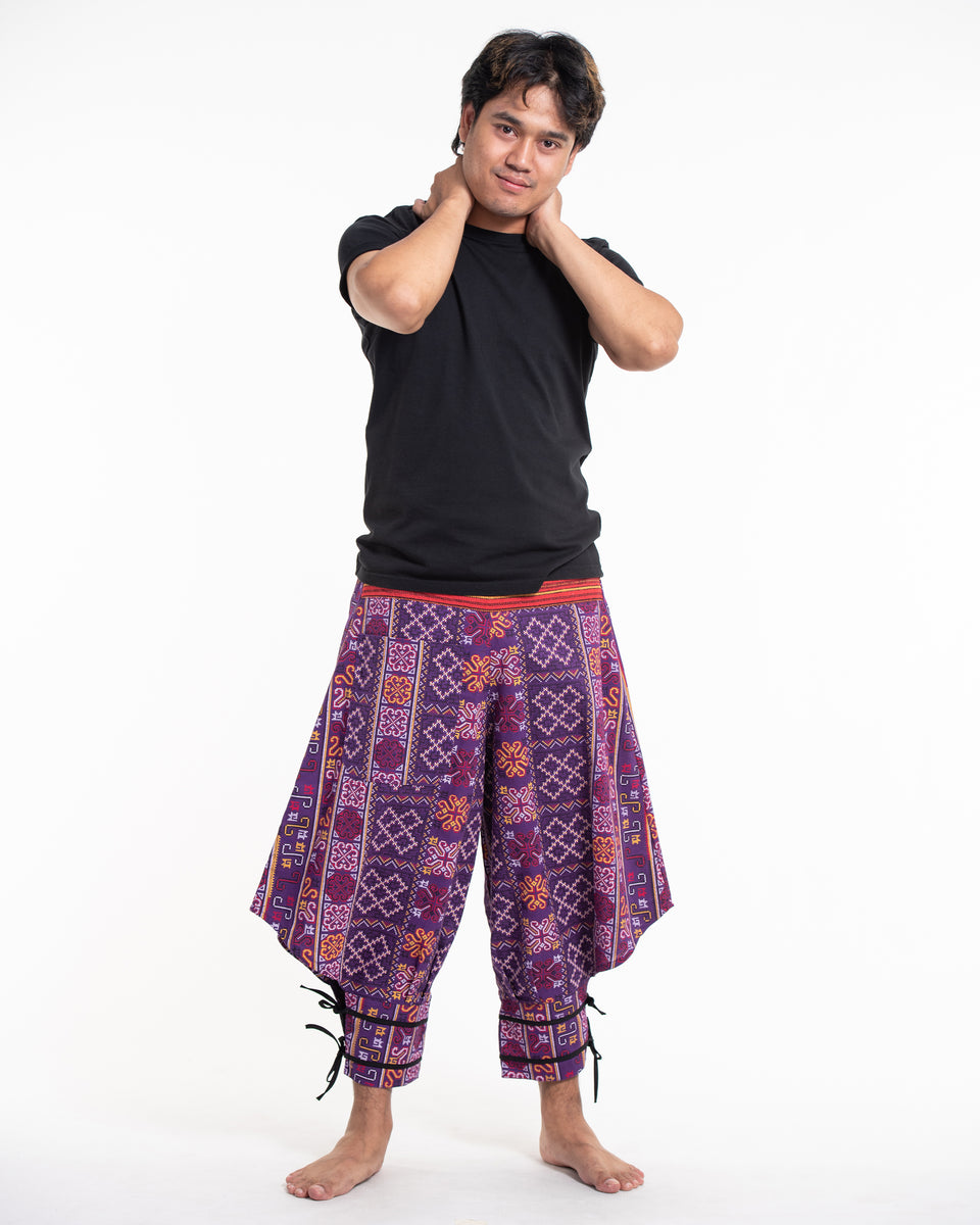 Clovers Thai Hill Tribe Fabric Men's Harem Pants with Ankle Straps in