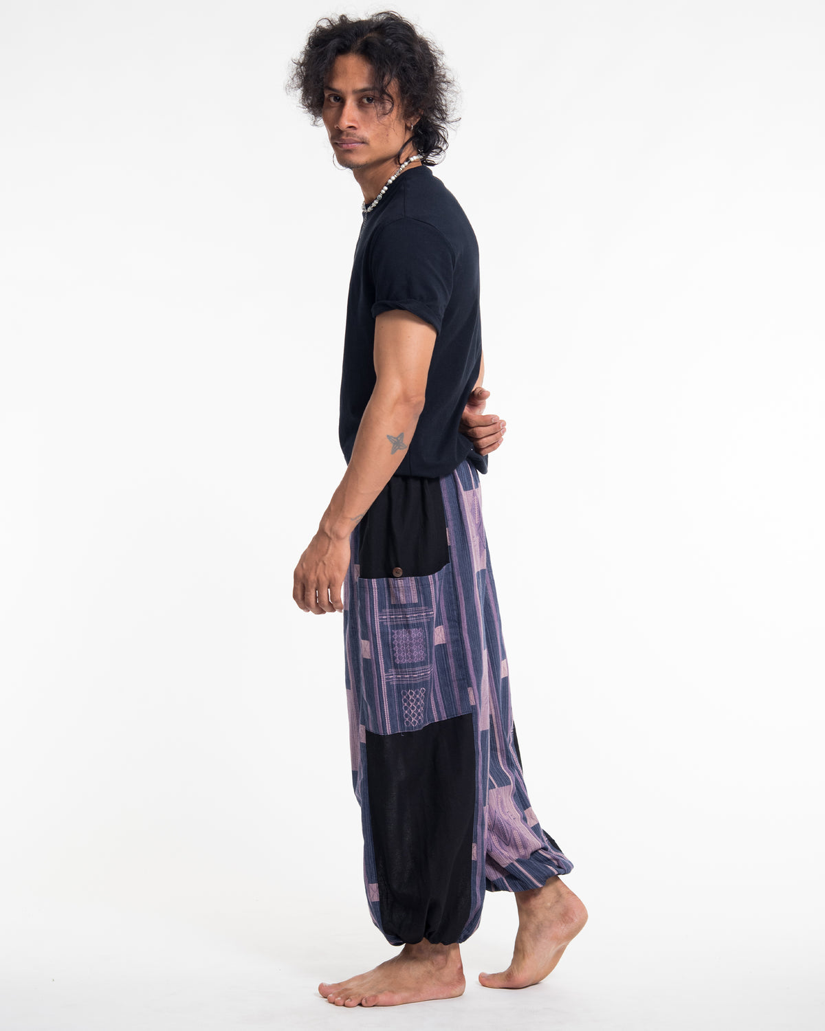 Two Tone Thai Hill Tribe Fabric Men's Cotton Pants in Artisan Blue