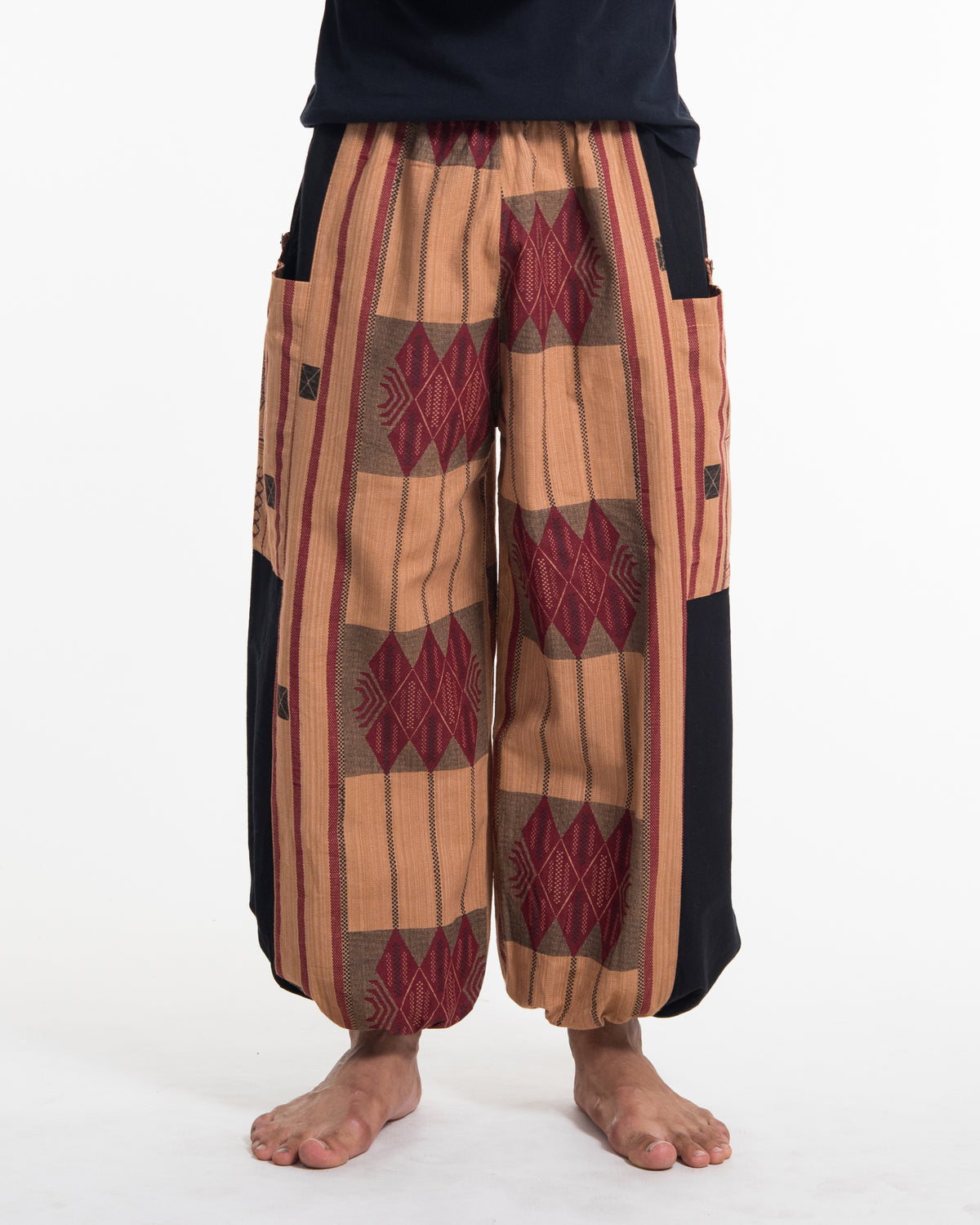 Two Tone Thai Hill Tribe Fabric Men's Cotton Pants in Beige