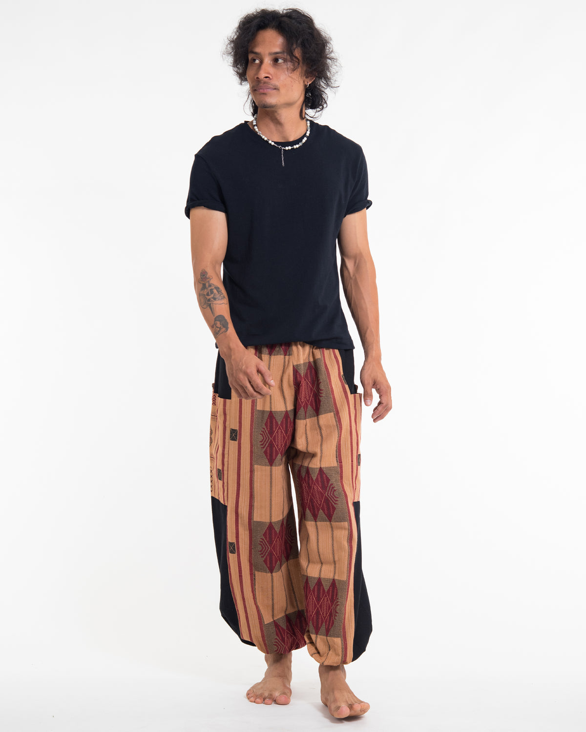 Two Tone Thai Hill Tribe Fabric Men's Cotton Pants in Beige