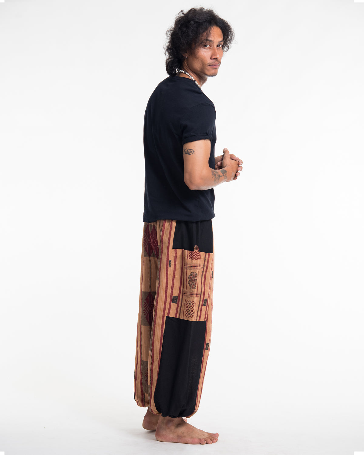 Two Tone Thai Hill Tribe Fabric Men's Cotton Pants in Beige