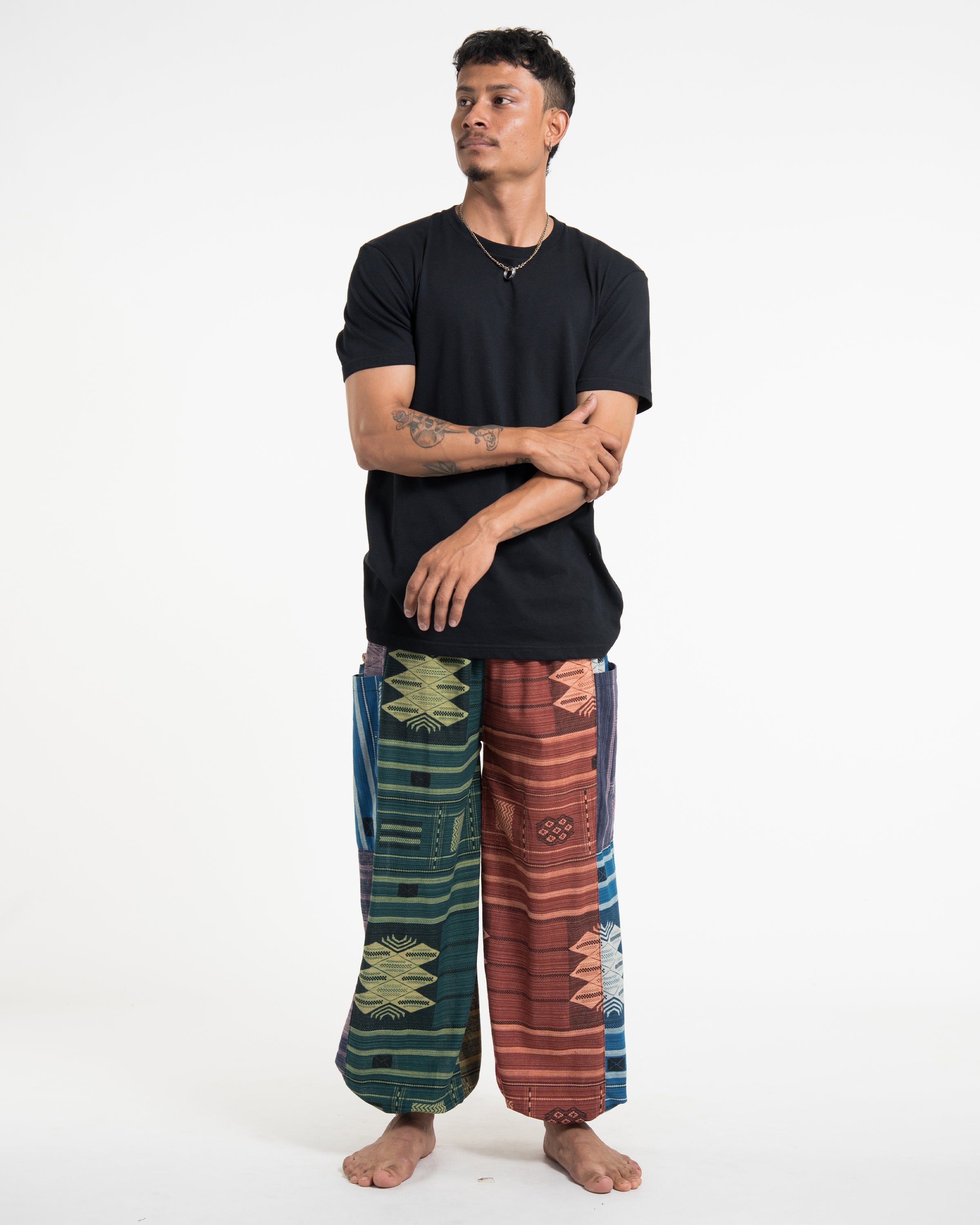 Patchwork Thai Hill Tribe Fabric Men's Cotton Pants in Multi