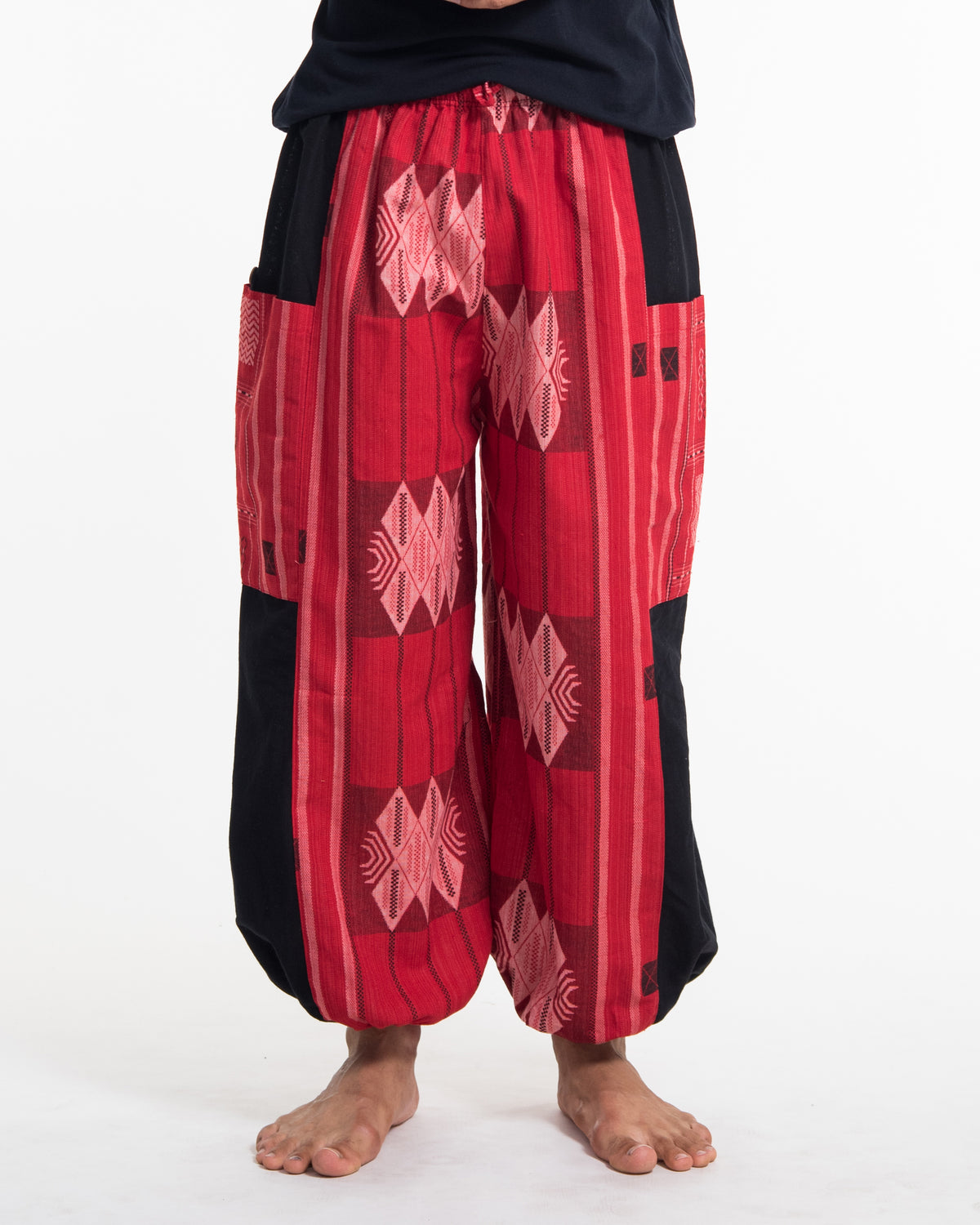 Two Tone Thai Hill Tribe Fabric Men's Cotton Pants in Red