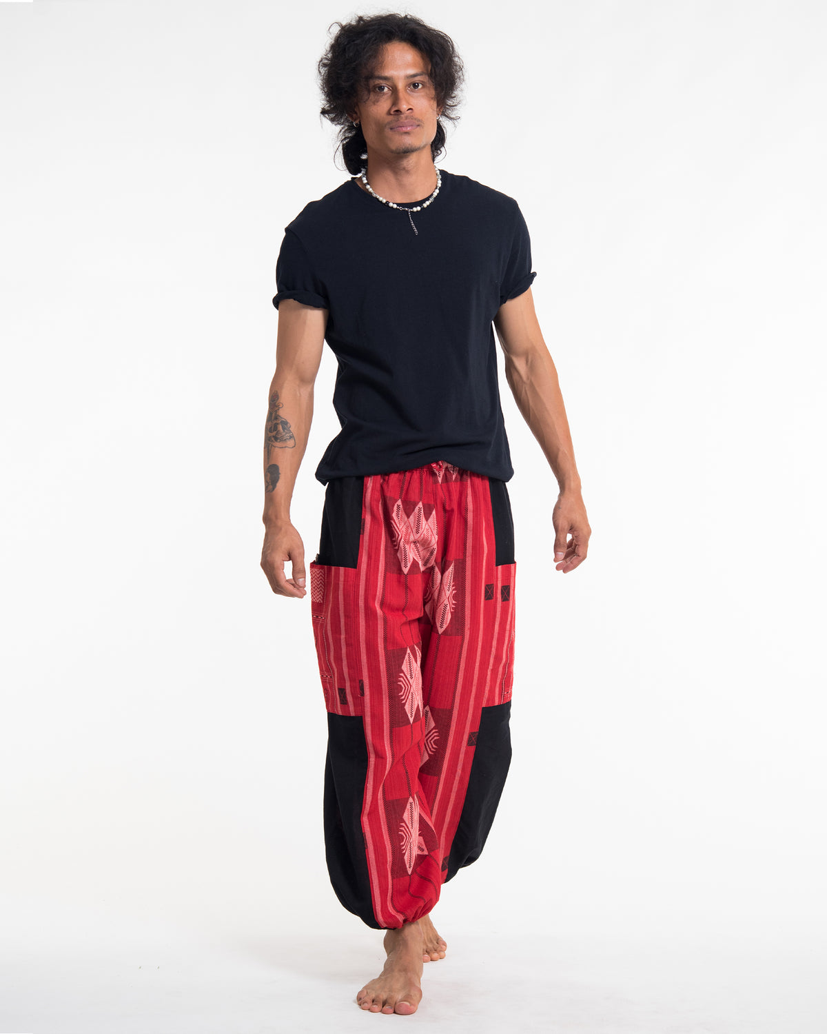 Two Tone Thai Hill Tribe Fabric Men's Cotton Pants in Red