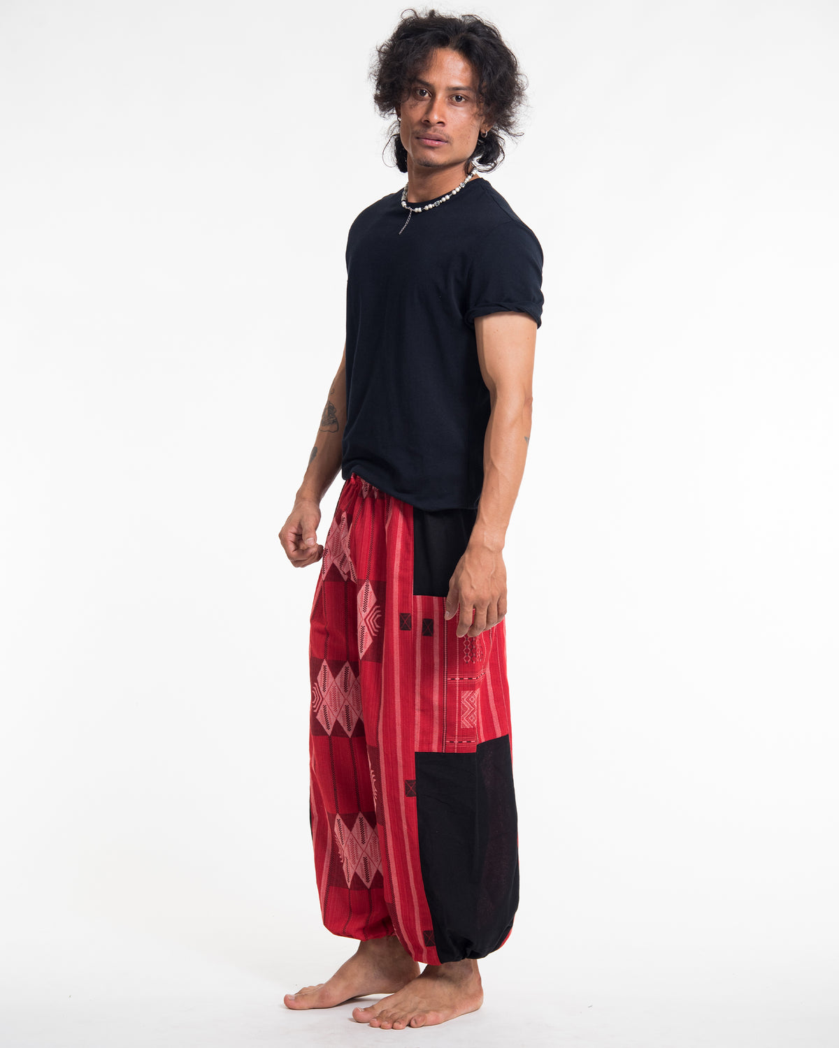 Two Tone Thai Hill Tribe Fabric Men's Cotton Pants in Red