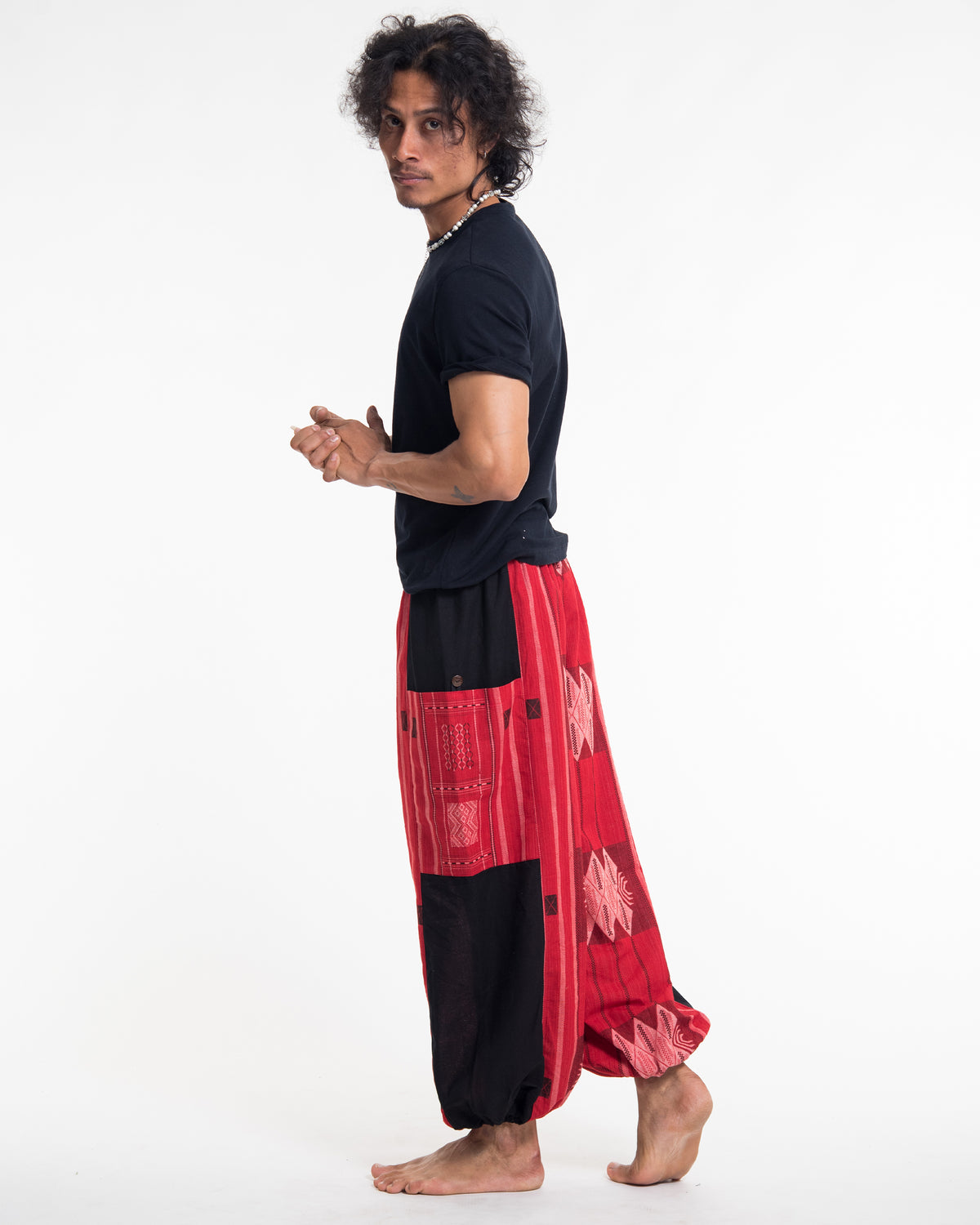 Two Tone Thai Hill Tribe Fabric Men's Cotton Pants in Red