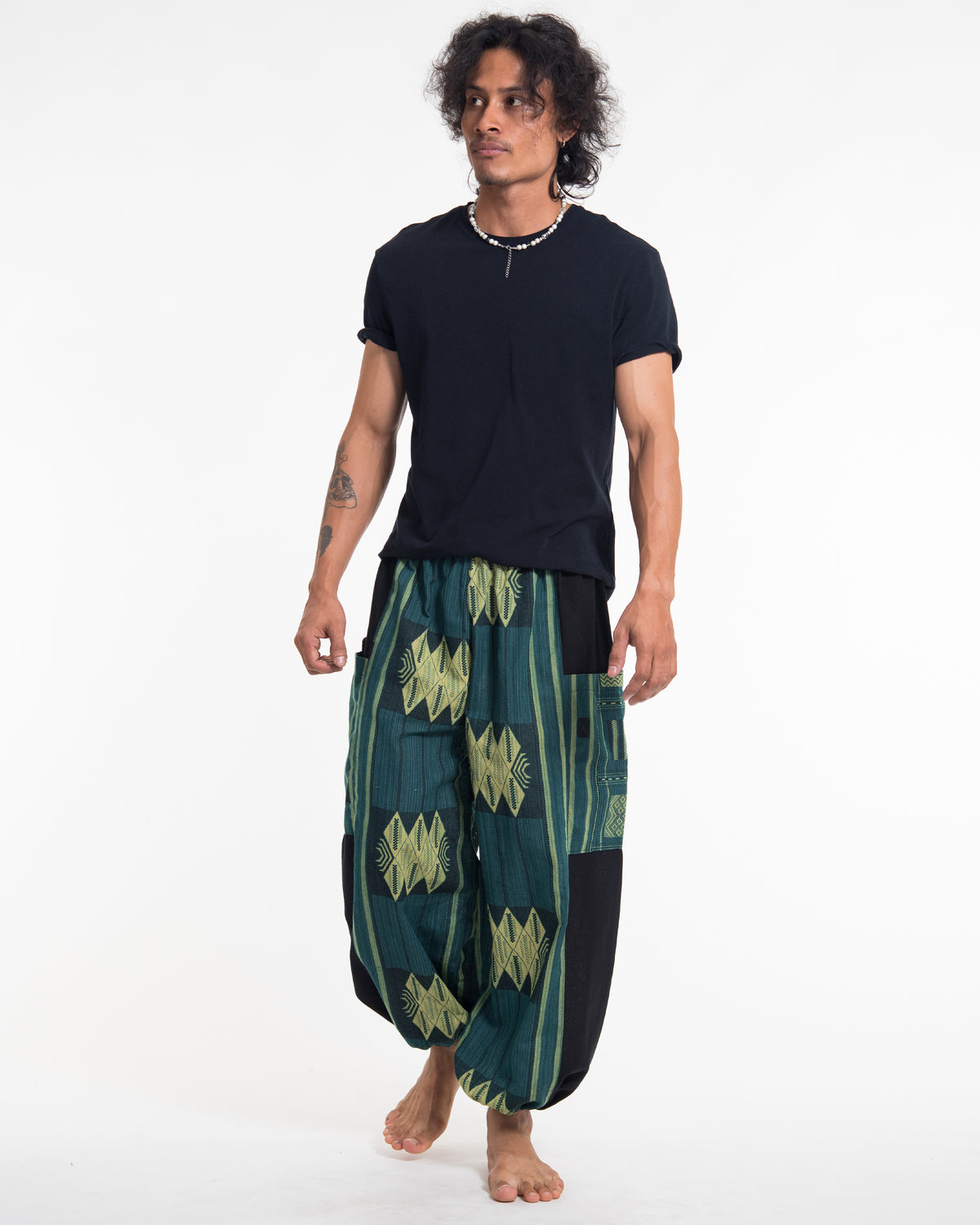 Two Tone Thai Hill Tribe Fabric Men's Cotton Pants in Teal