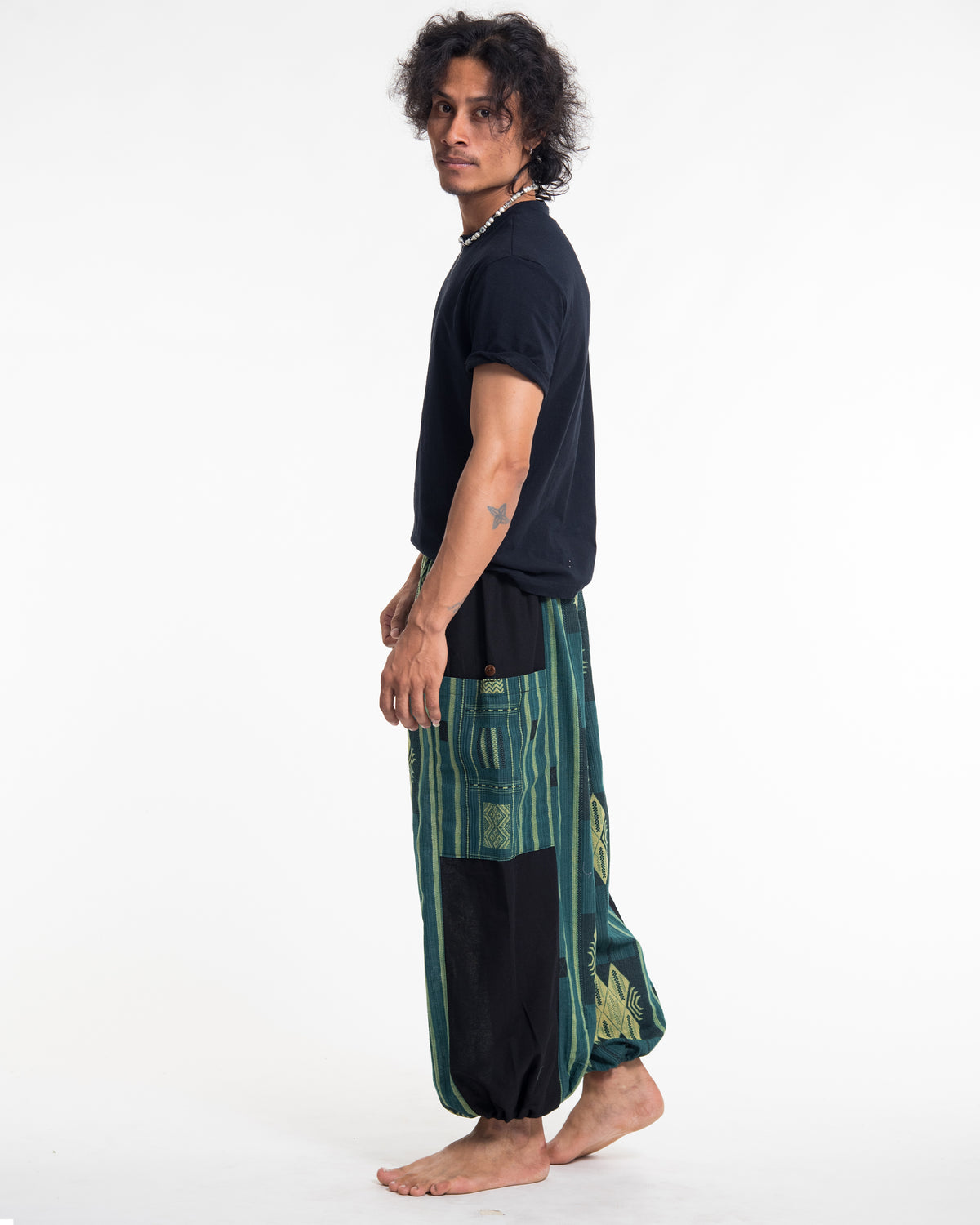 Two Tone Thai Hill Tribe Fabric Men's Cotton Pants in Teal
