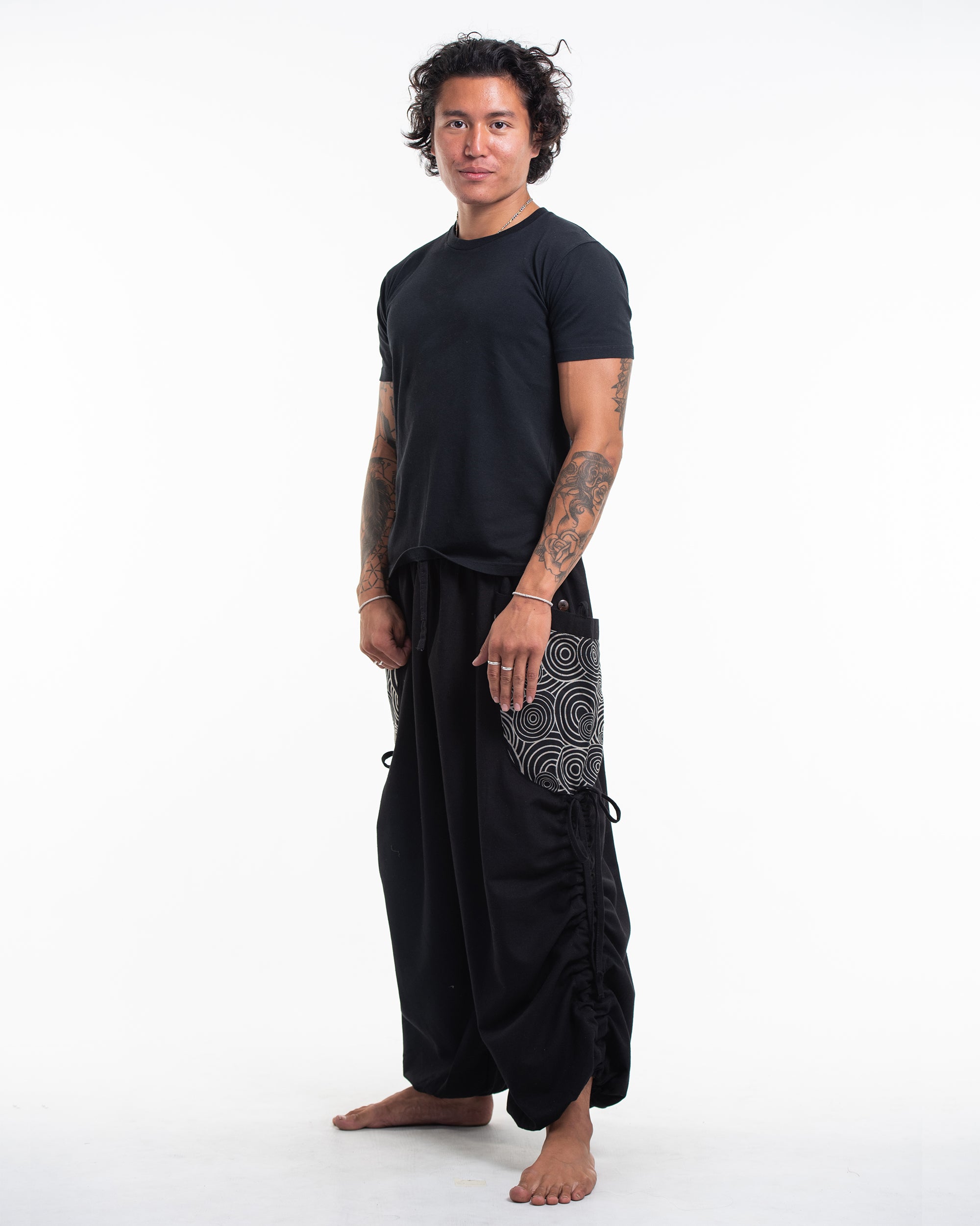 Men's Cotton Pants with Swirls Prints Pocket in Black