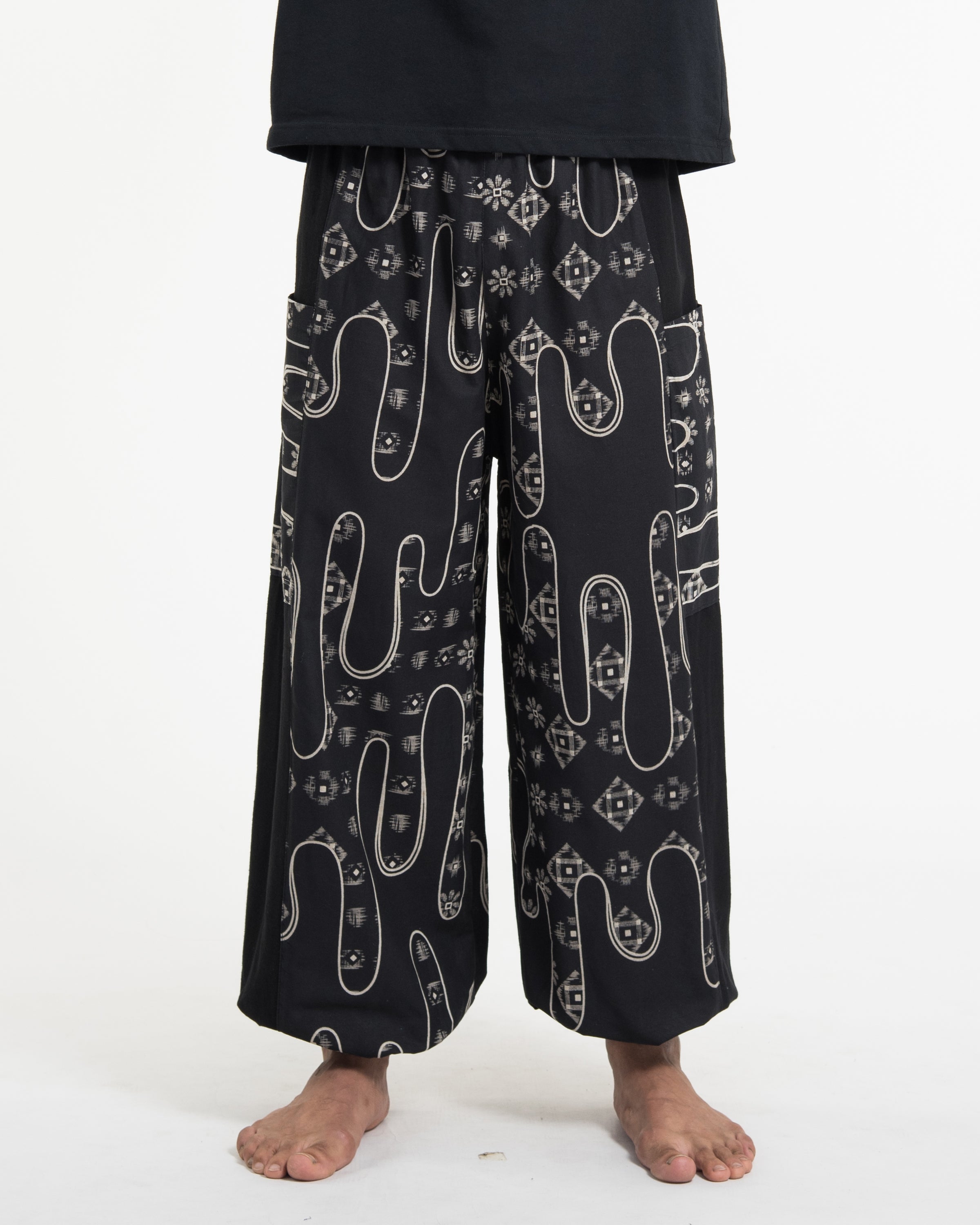 Two Tone Japanese Print Men's Cotton Pants in Black