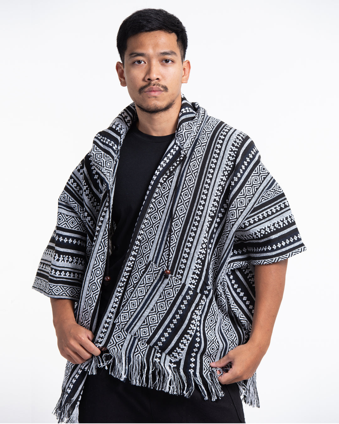 Hill Tribe Cotton Hooded Poncho Jacket in Black White – Harem Pants