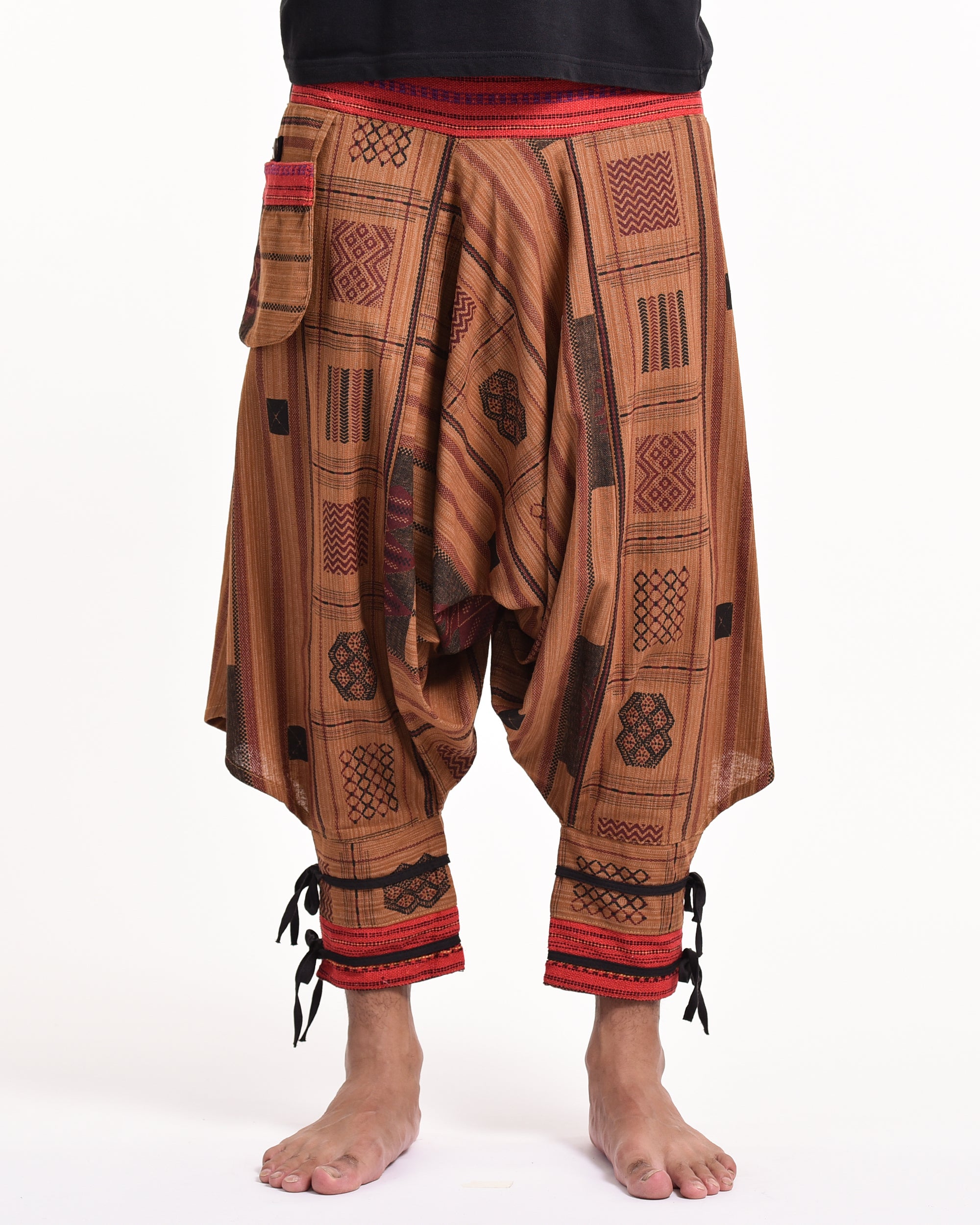 Thai Hill Tribe Fabric Men's Harem Pants with Ankle Straps in Light Brown
