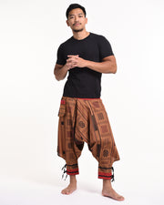 Thai Hill Tribe Fabric Men's Harem Pants with Ankle Straps in Light Brown