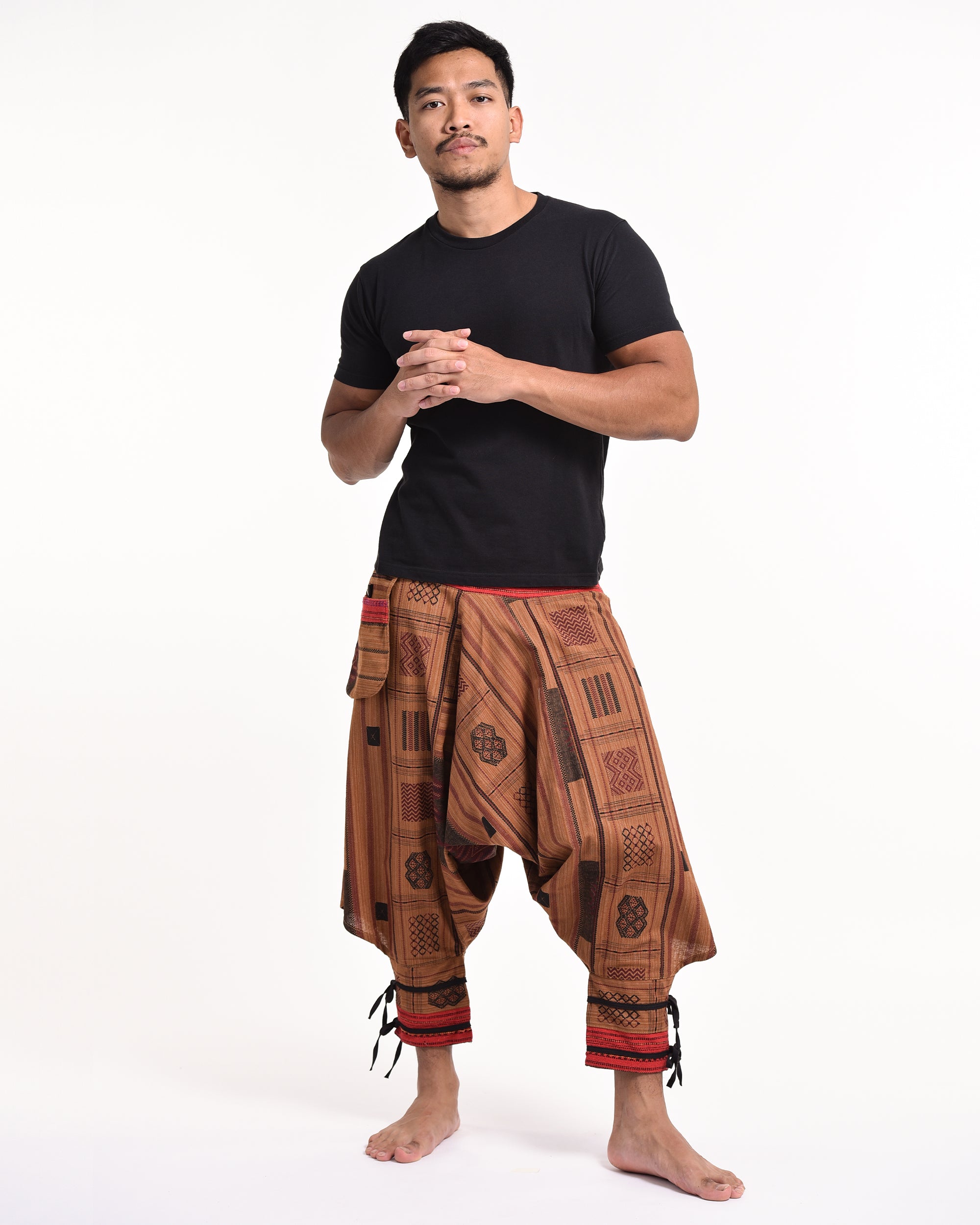 Thai Hill Tribe Fabric Men's Harem Pants with Ankle Straps in Light Brown