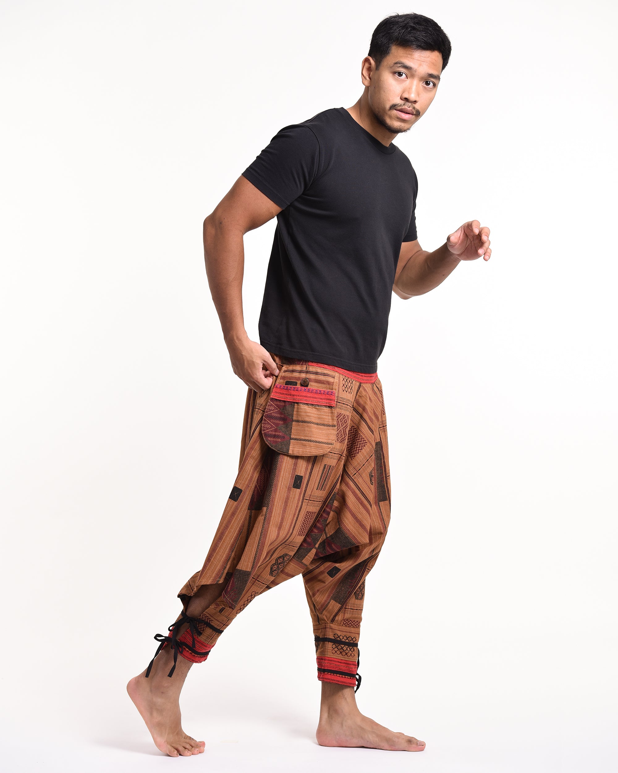 Thai Hill Tribe Fabric Men's Harem Pants with Ankle Straps in Light Brown