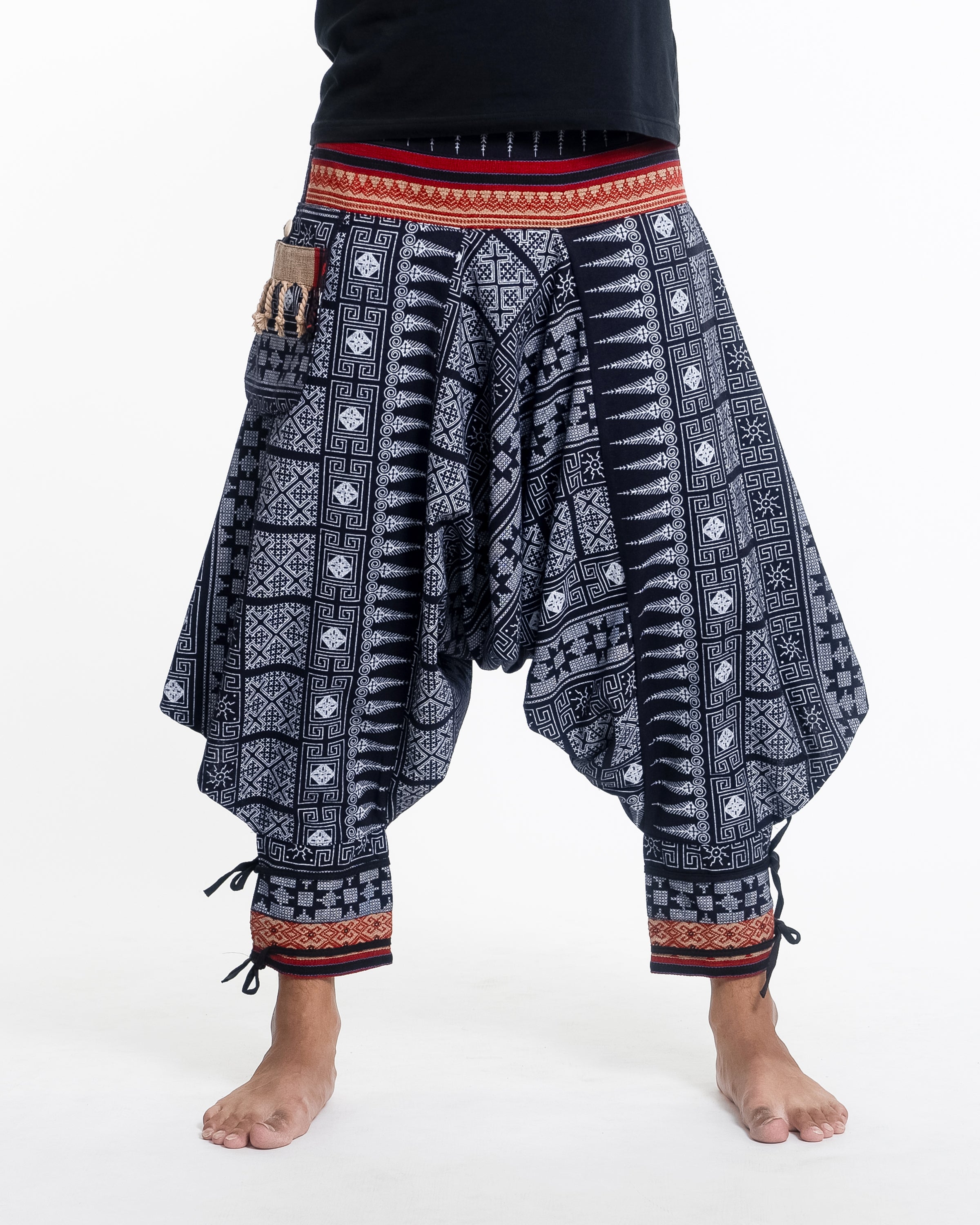 Traditional Prints Thai Hill Tribe Fabric Men's Harem Pants with Ankle Straps in Navy