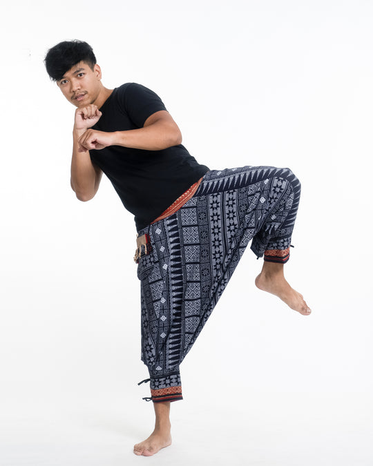 Traditional Prints Thai Hill Tribe Fabric Men's Harem Pants with Ankle Straps in Navy