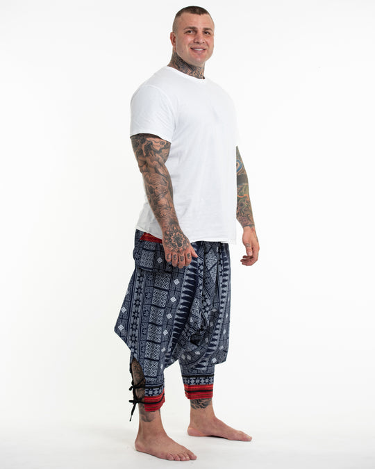 Plus Size Traditional Prints Thai Hill Tribe Fabric Men's Harem Pants with Ankle Straps in Navy