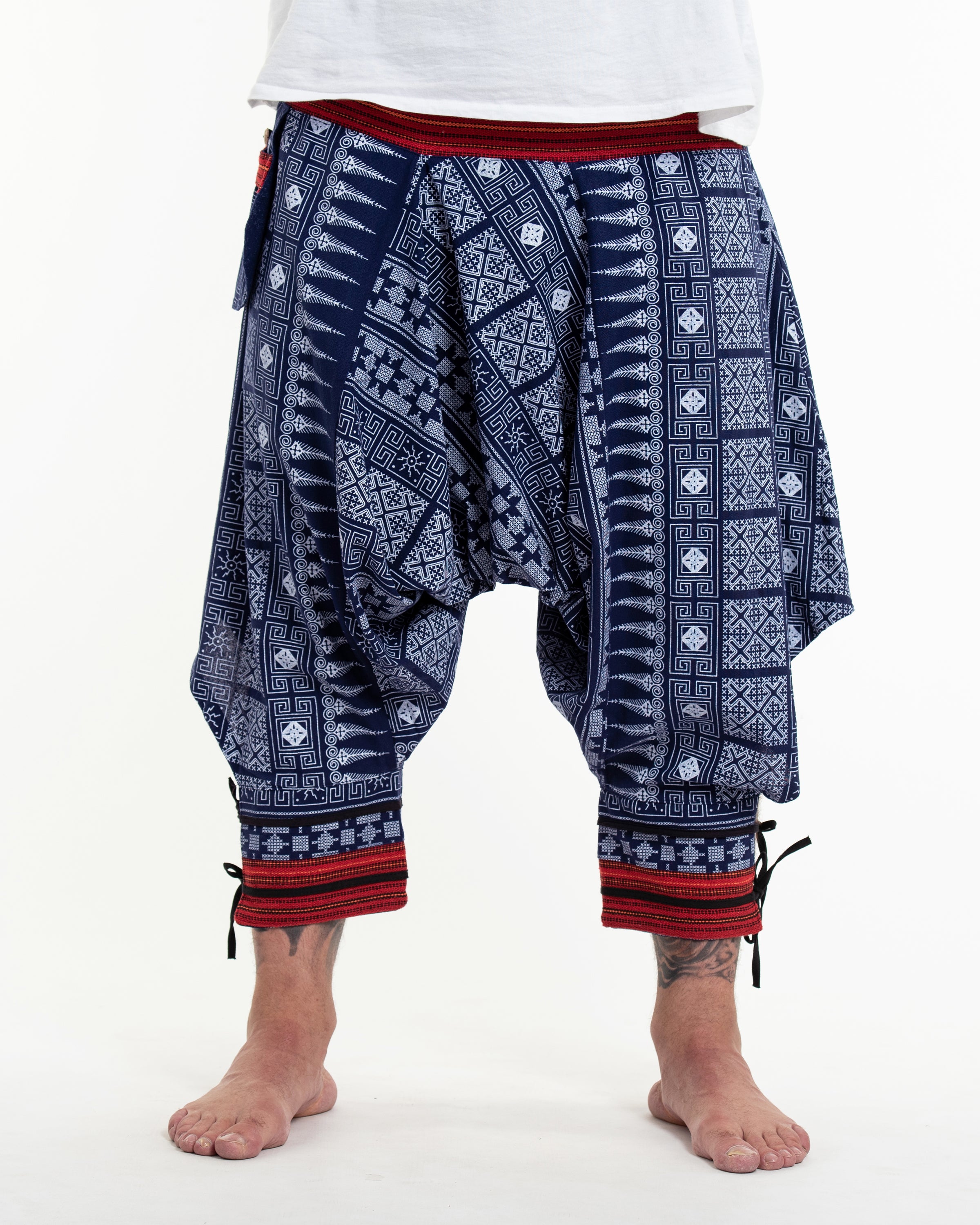 Plus Size Traditional Prints Thai Hill Tribe Fabric Men's Harem Pants with Ankle Straps in Blue