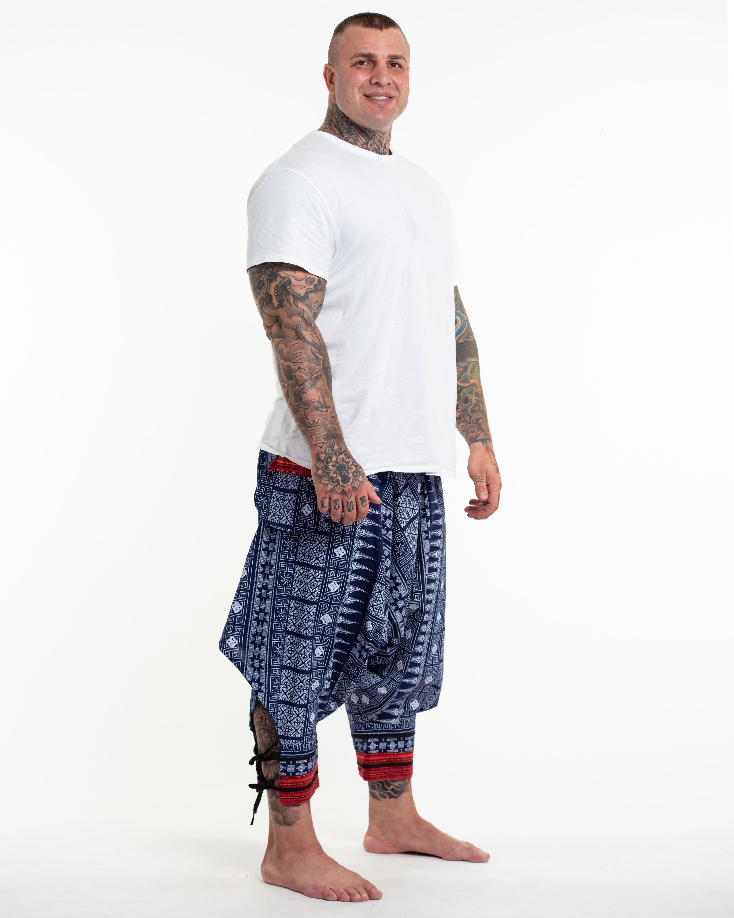 Plus Size Traditional Prints Thai Hill Tribe Fabric Men's Harem Pants with Ankle Straps in Blue