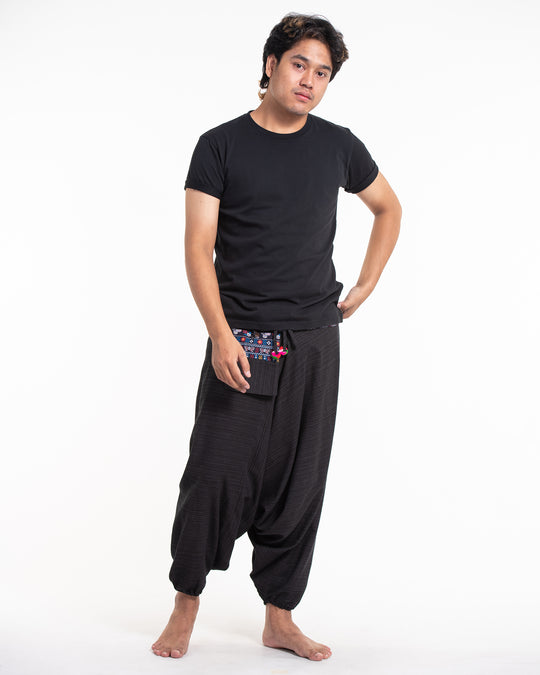 Pinstripe Cotton Low Cut Men's Harem Pants with Elephant Trim in Black