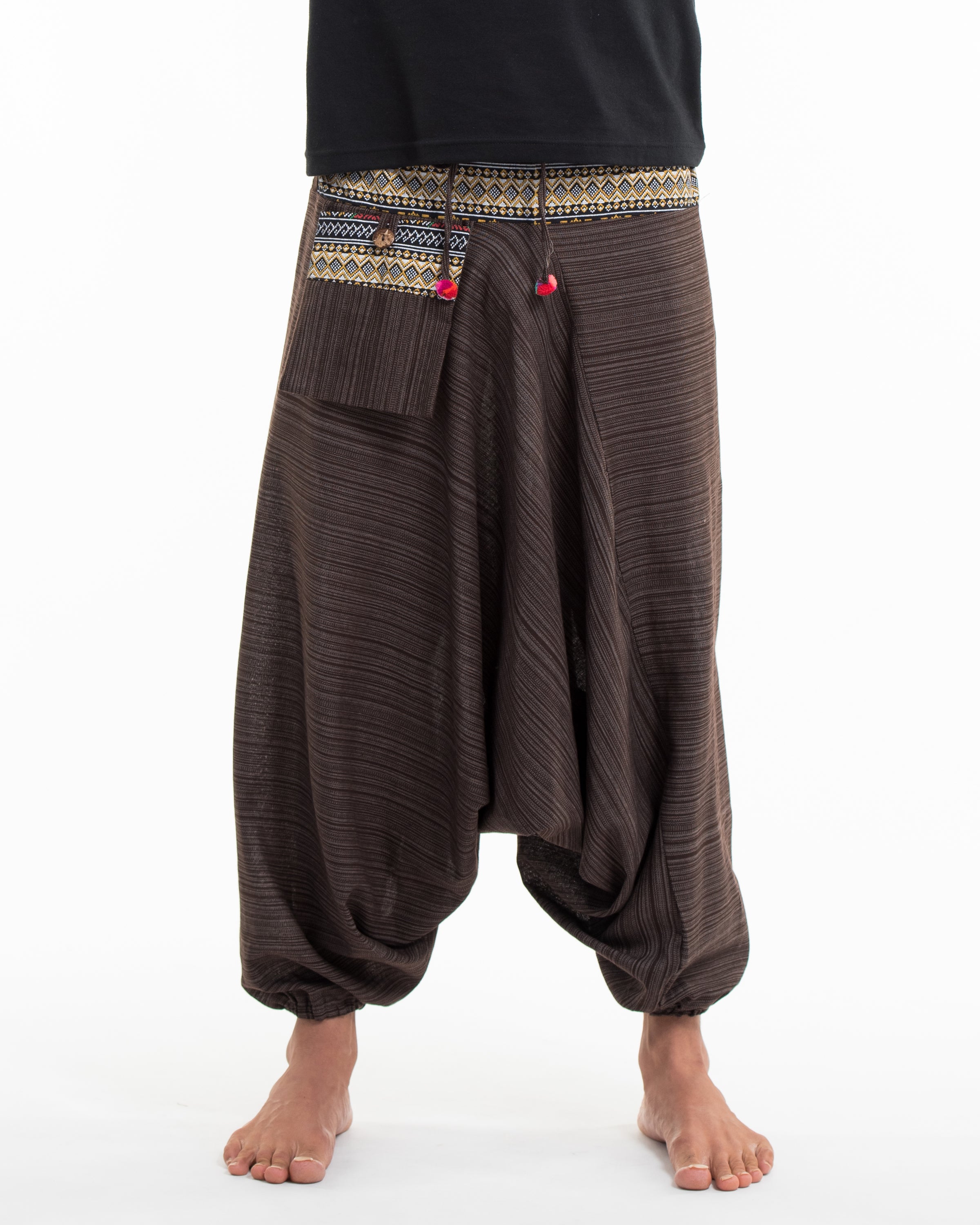 Pinstripe Cotton Low Cut Men's Harem Pants With Hill Tribe Trim Brown