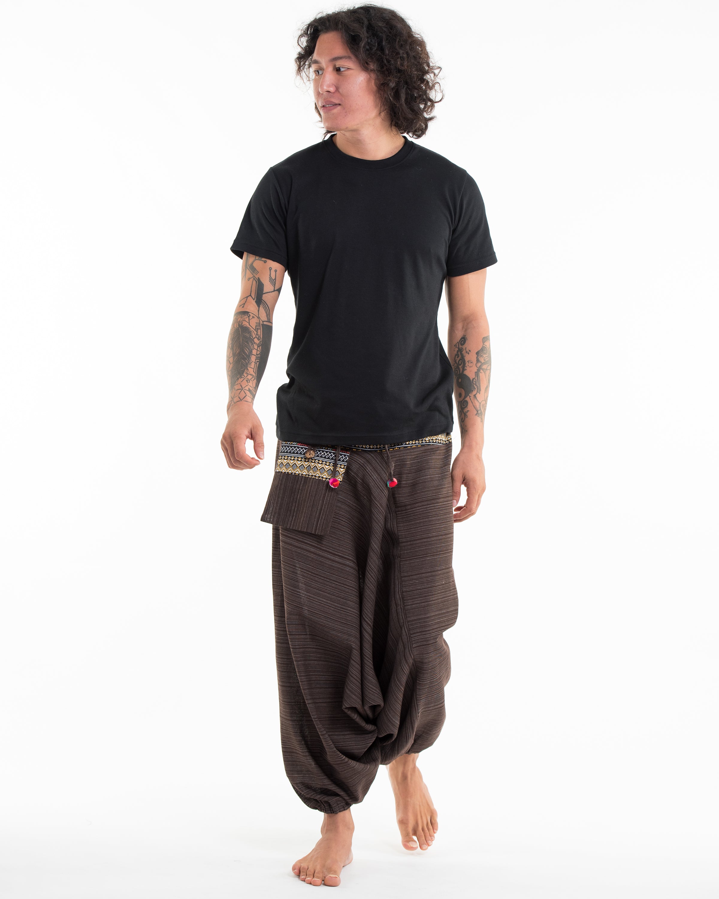 Pinstripe Cotton Low Cut Men's Harem Pants With Hill Tribe Trim Brown