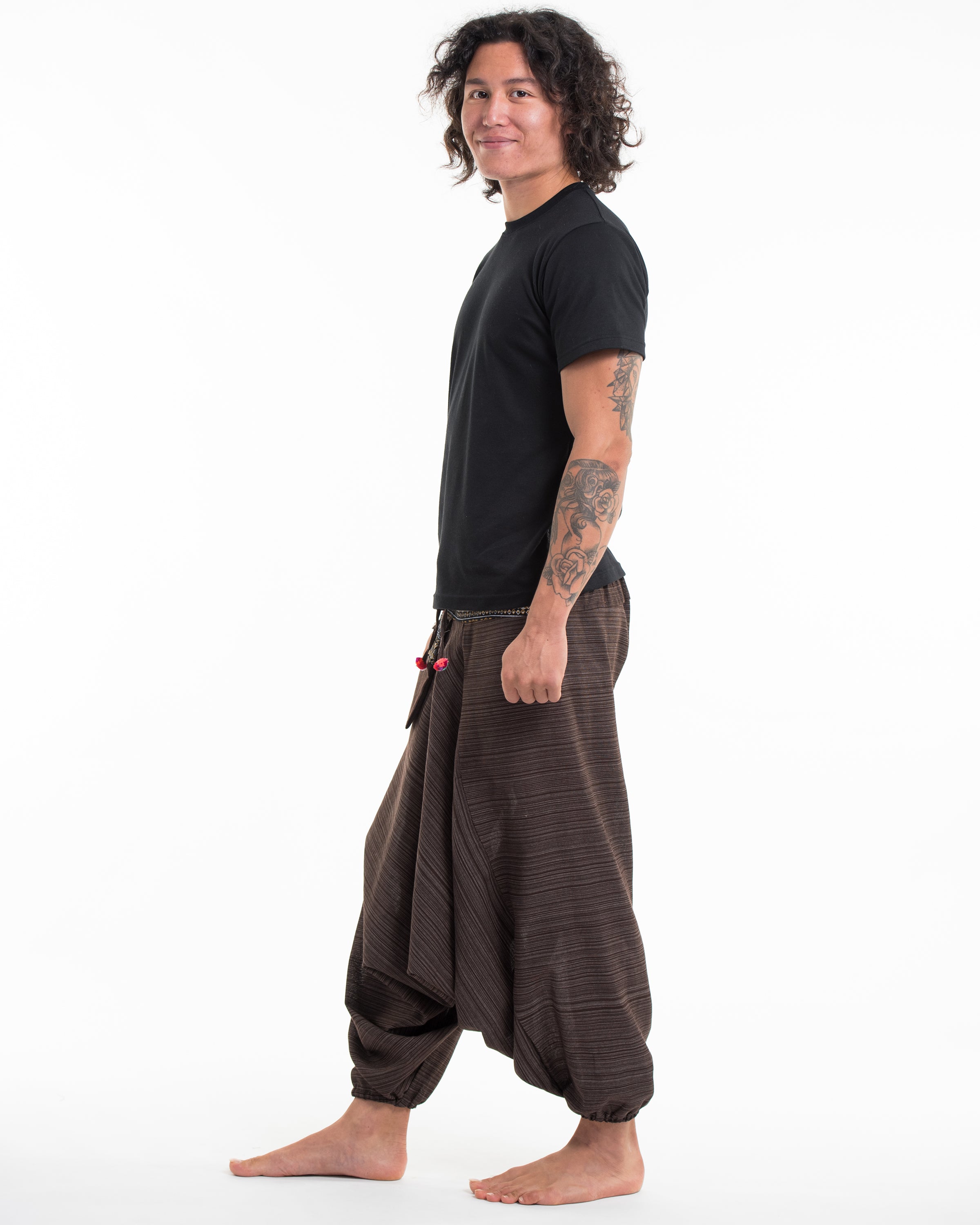 Pinstripe Cotton Low Cut Men's Harem Pants With Hill Tribe Trim Brown