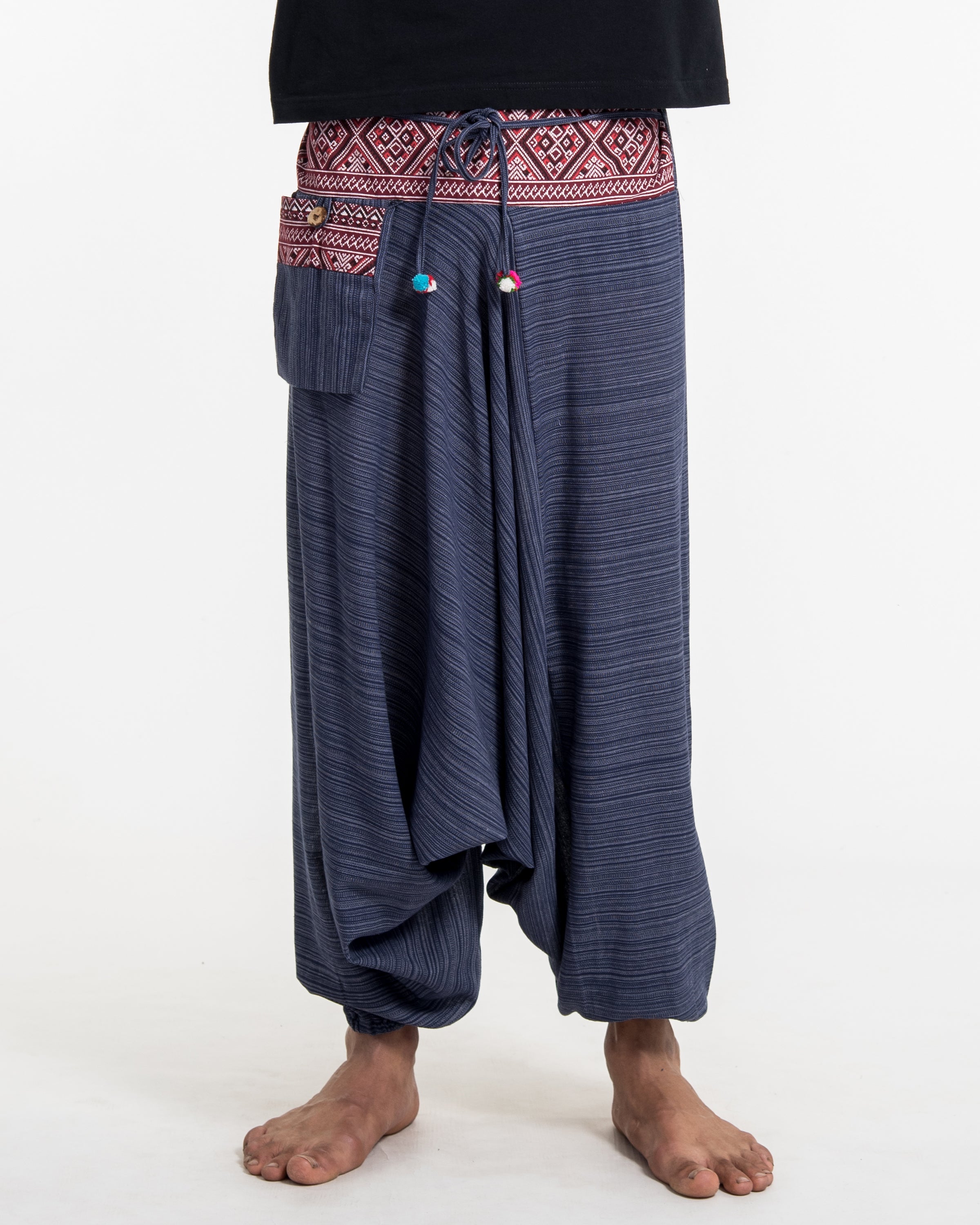 Pinstripe Cotton Low Cut Men's Harem Pants With Hill Tribe Trim Navy