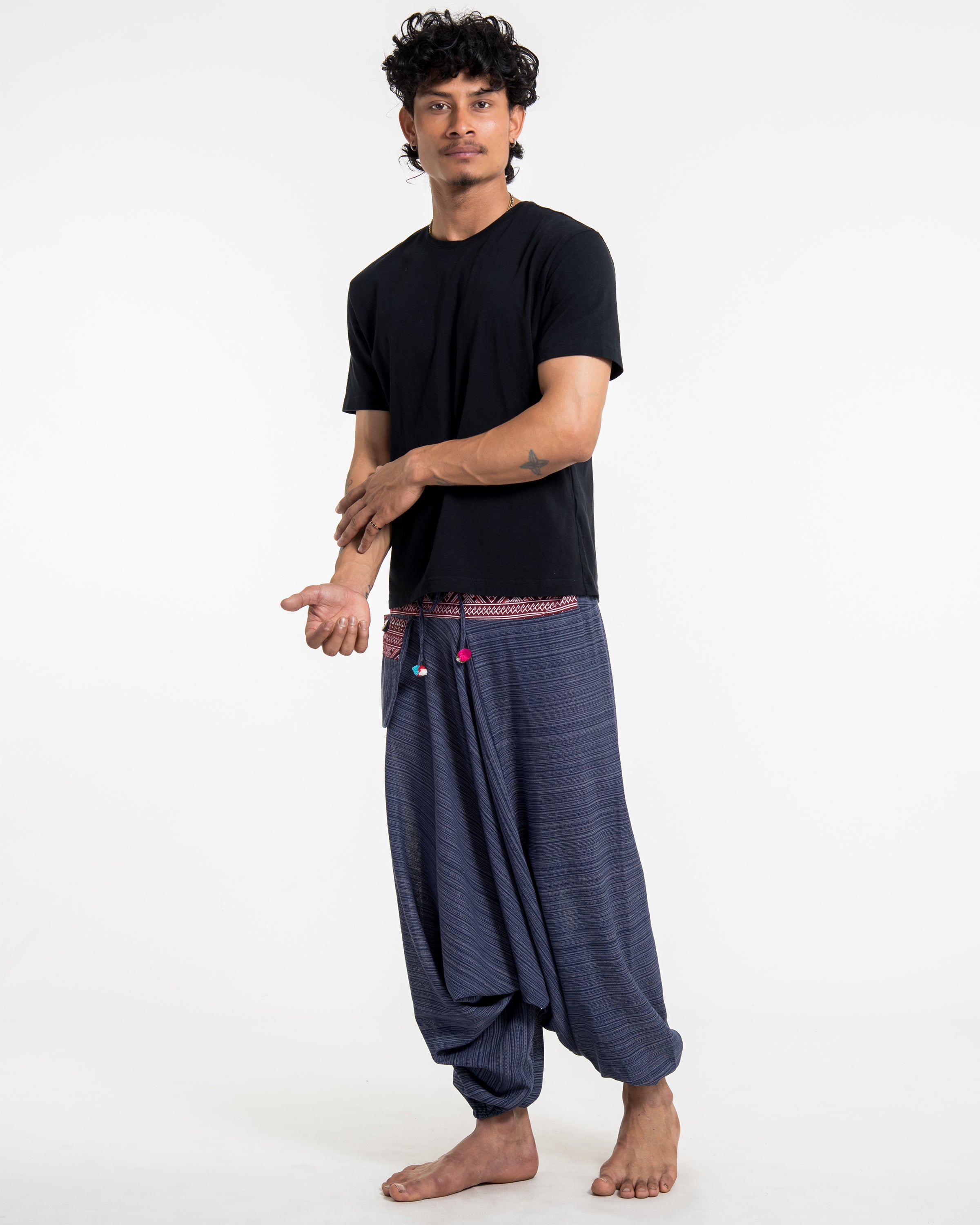 Pinstripe Cotton Low Cut Men's Harem Pants With Hill Tribe Trim Navy