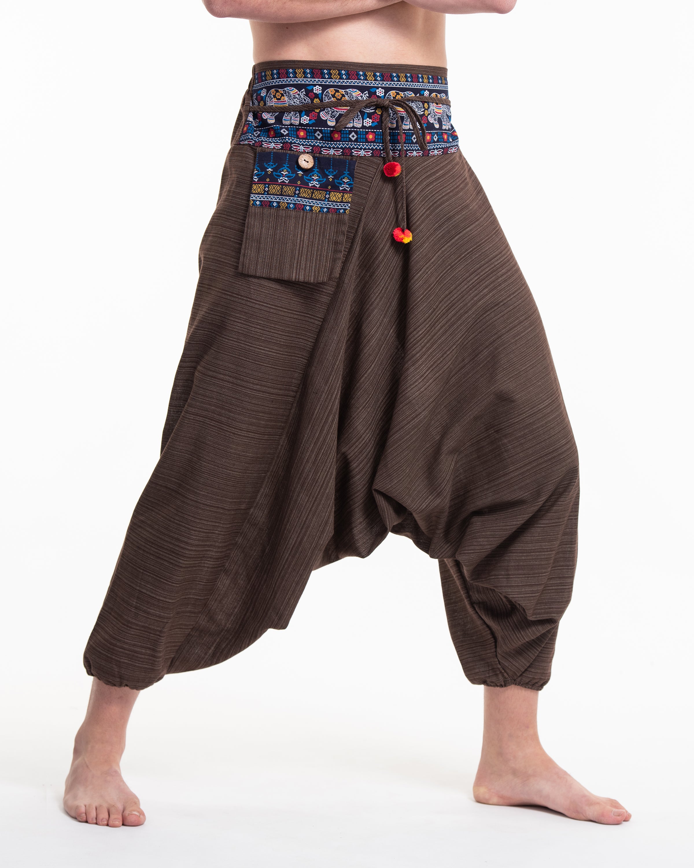 Pinstripe Cotton Low Cut Men's Harem Pants with Elephant Trim in Brown