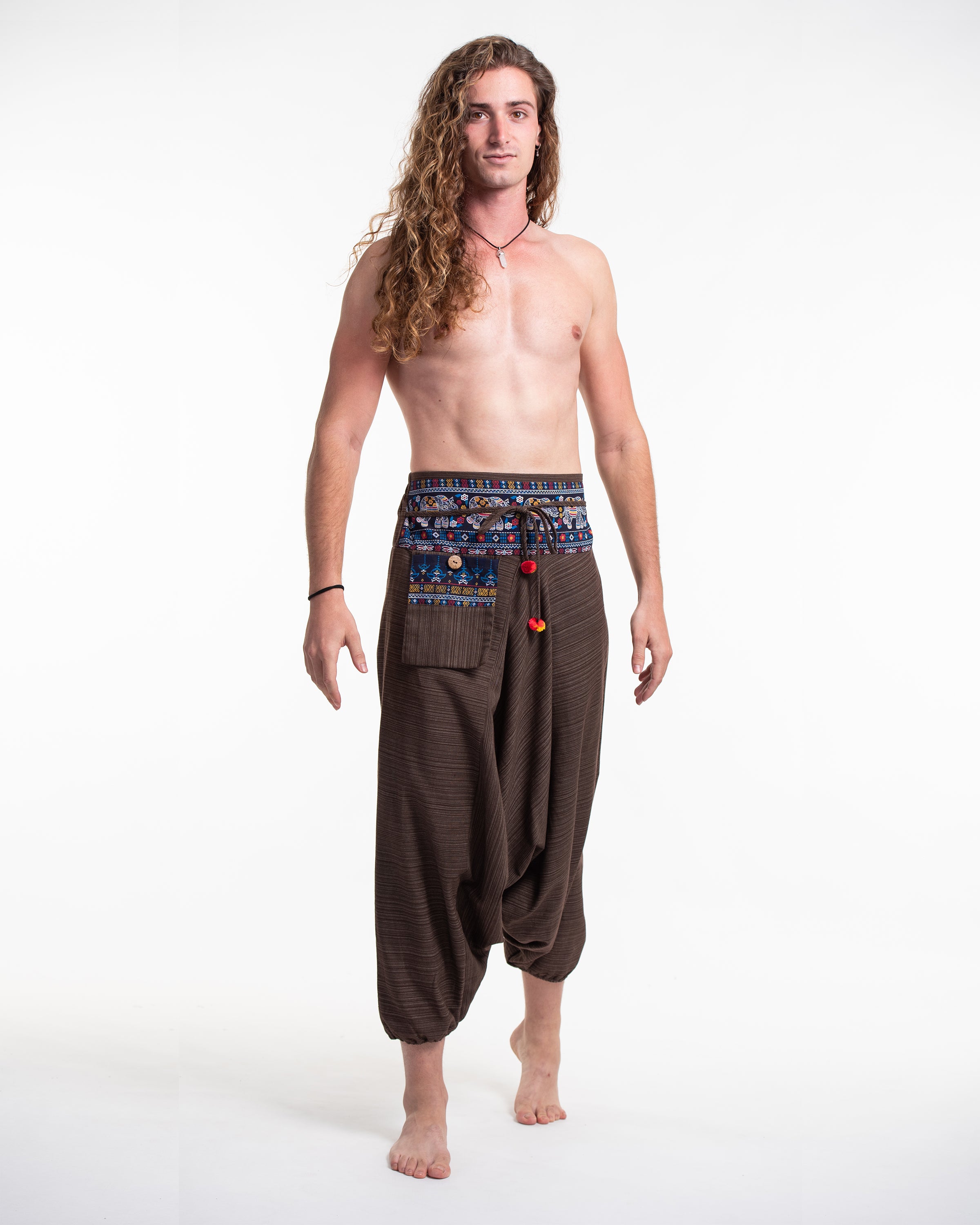 Pinstripe Cotton Low Cut Men's Harem Pants with Elephant Trim in Brown