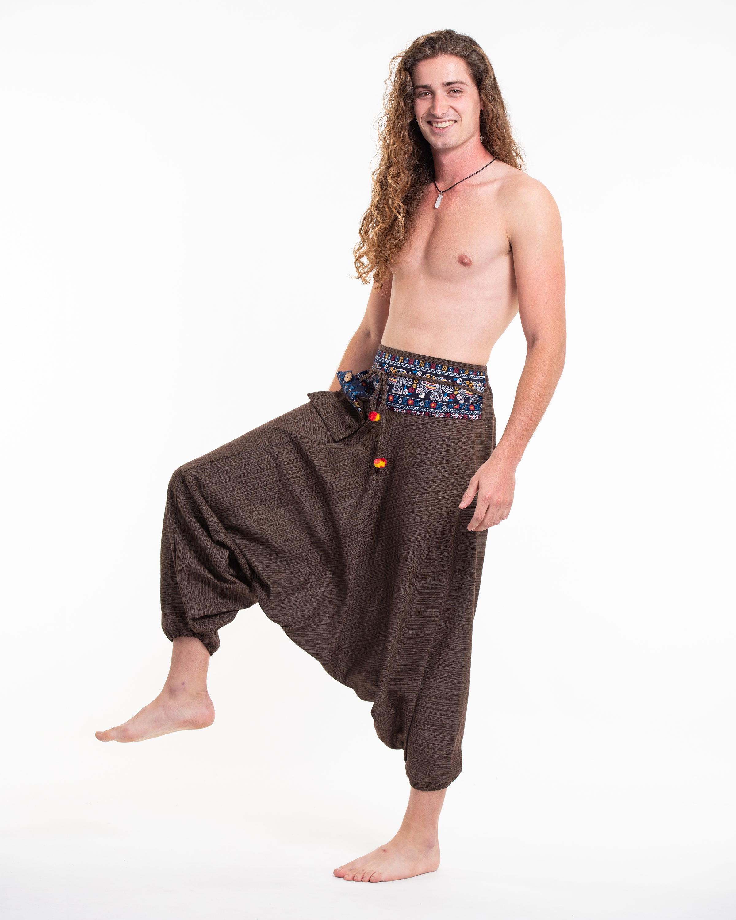 Pinstripe Cotton Low Cut Men's Harem Pants with Elephant Trim in Brown