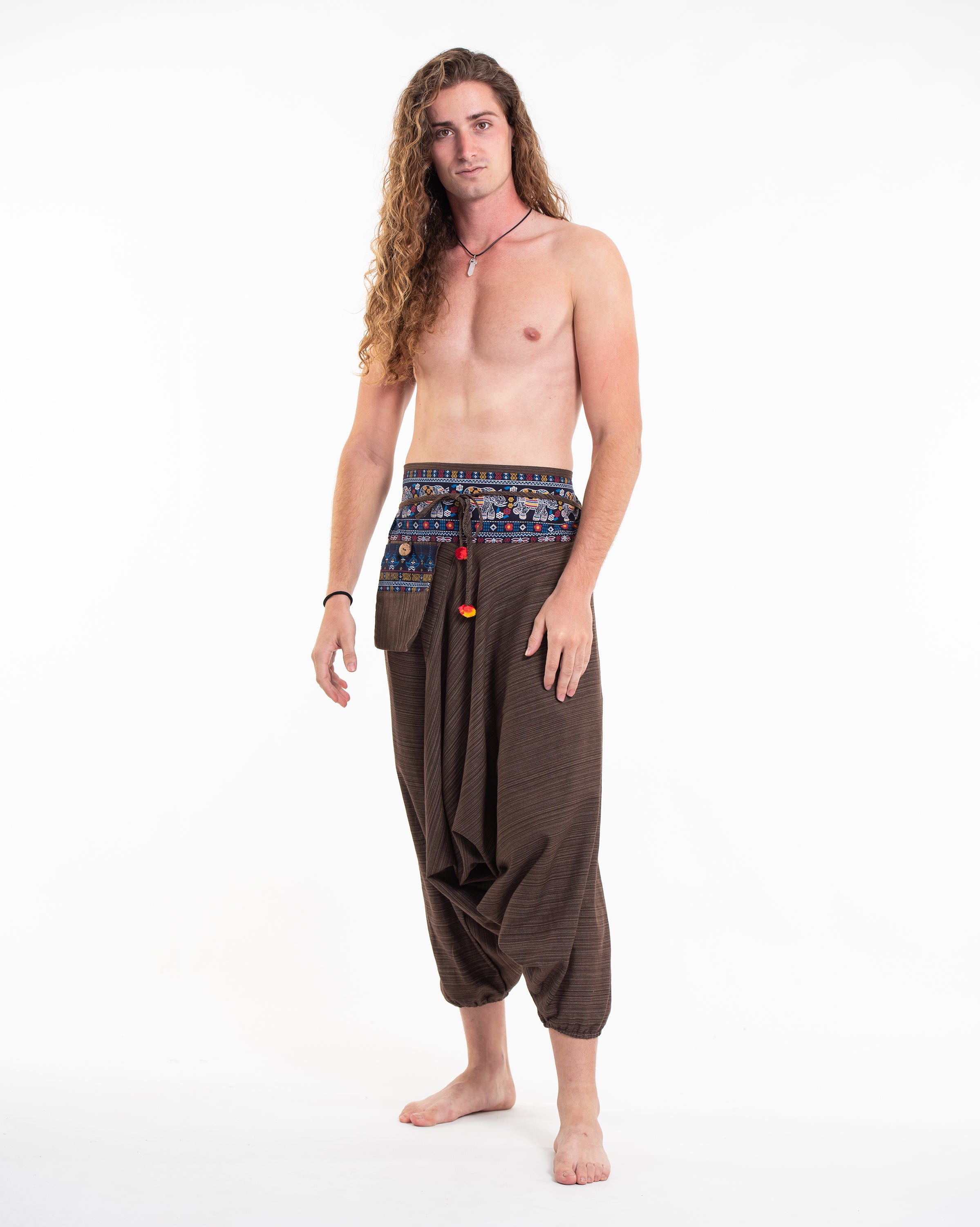 Pinstripe Cotton Low Cut Men's Harem Pants with Elephant Trim in Brown