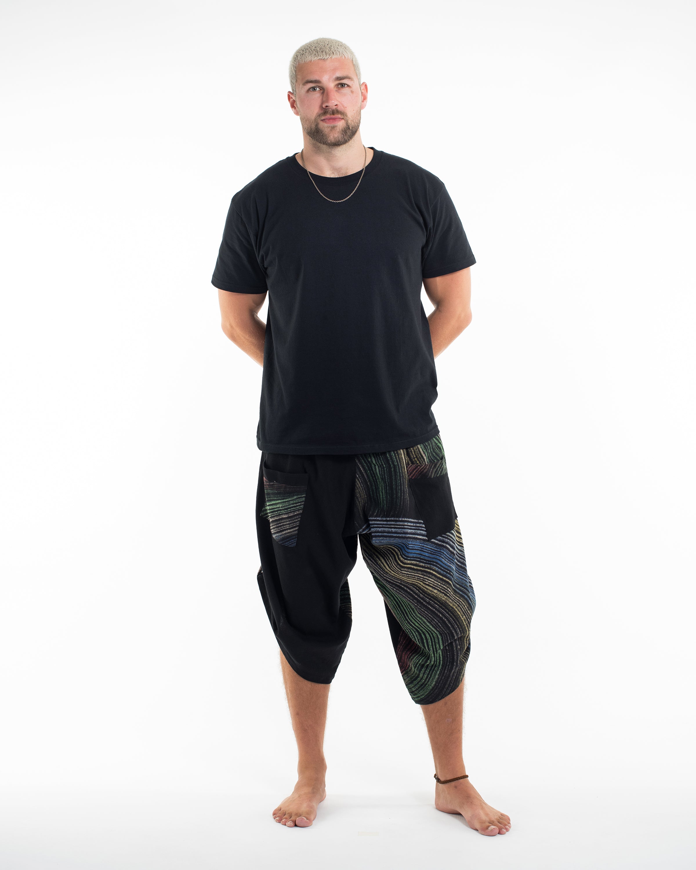 Two Tone Rainbow Prints Men's Three Quarter Pants in Black