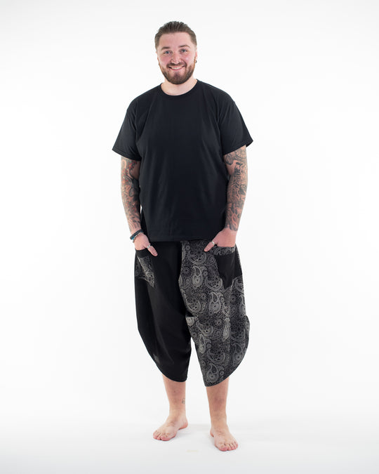 Plus Size Two Tone Paisley Prints Men's Three Quarter Pants in Black