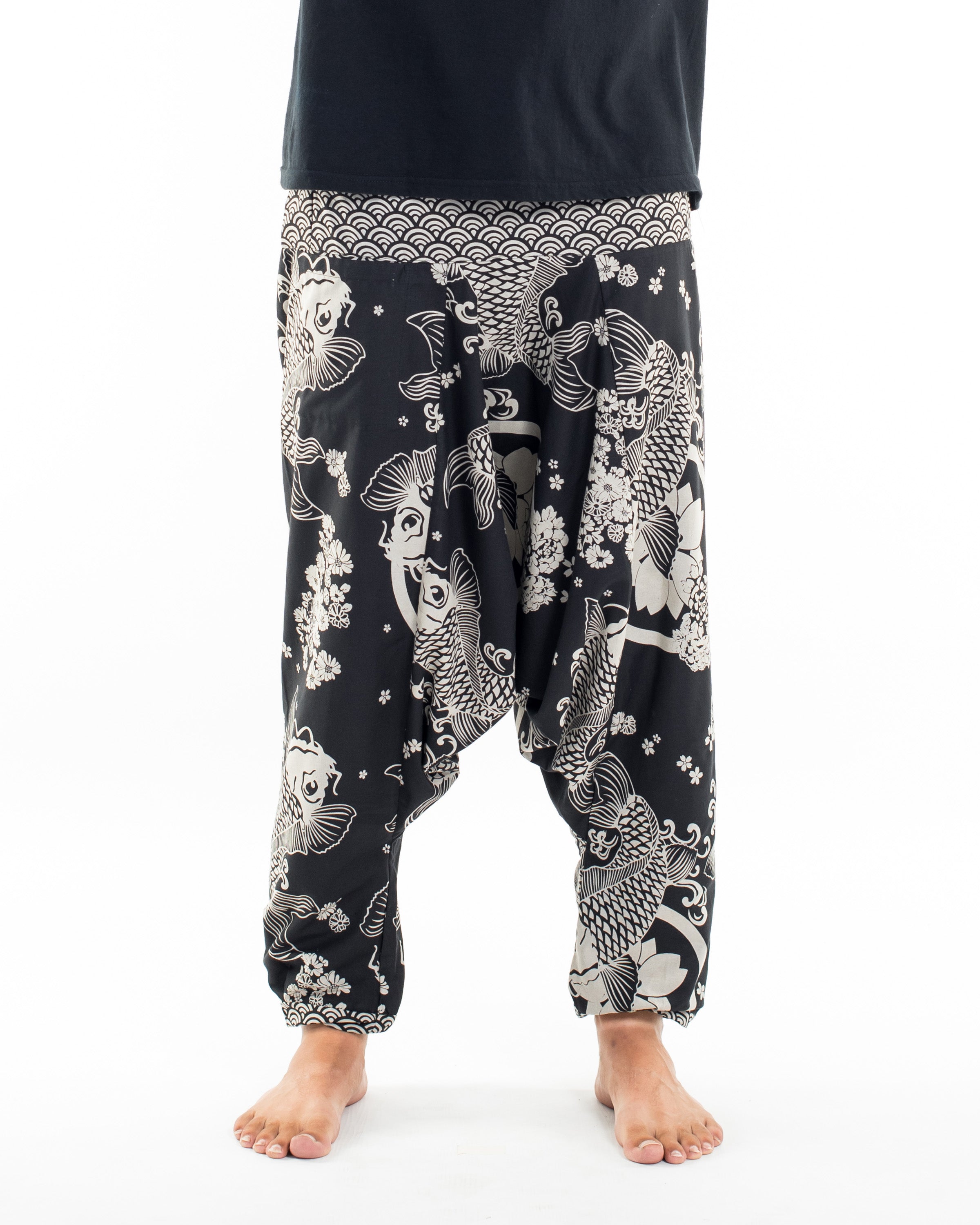 Hill Tribe Koi Fish Print Men's Harem Pants in Black