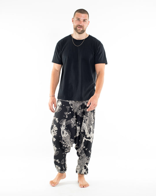 Hill Tribe Koi Fish Print Men's Harem Pants in Black