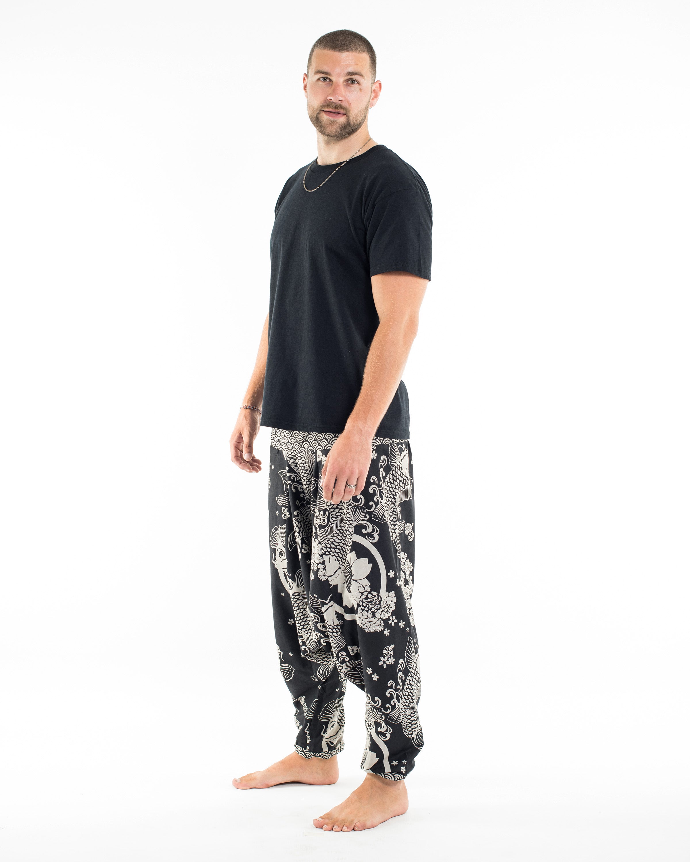 Hill Tribe Koi Fish Print Men's Harem Pants in Black