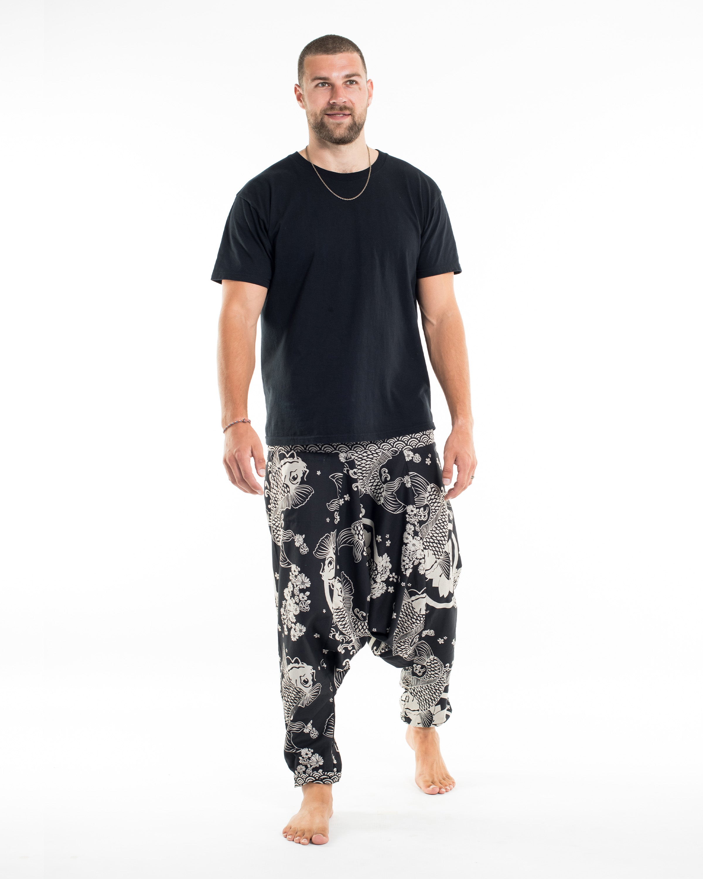 Hill Tribe Koi Fish Print Men's Harem Pants in Black