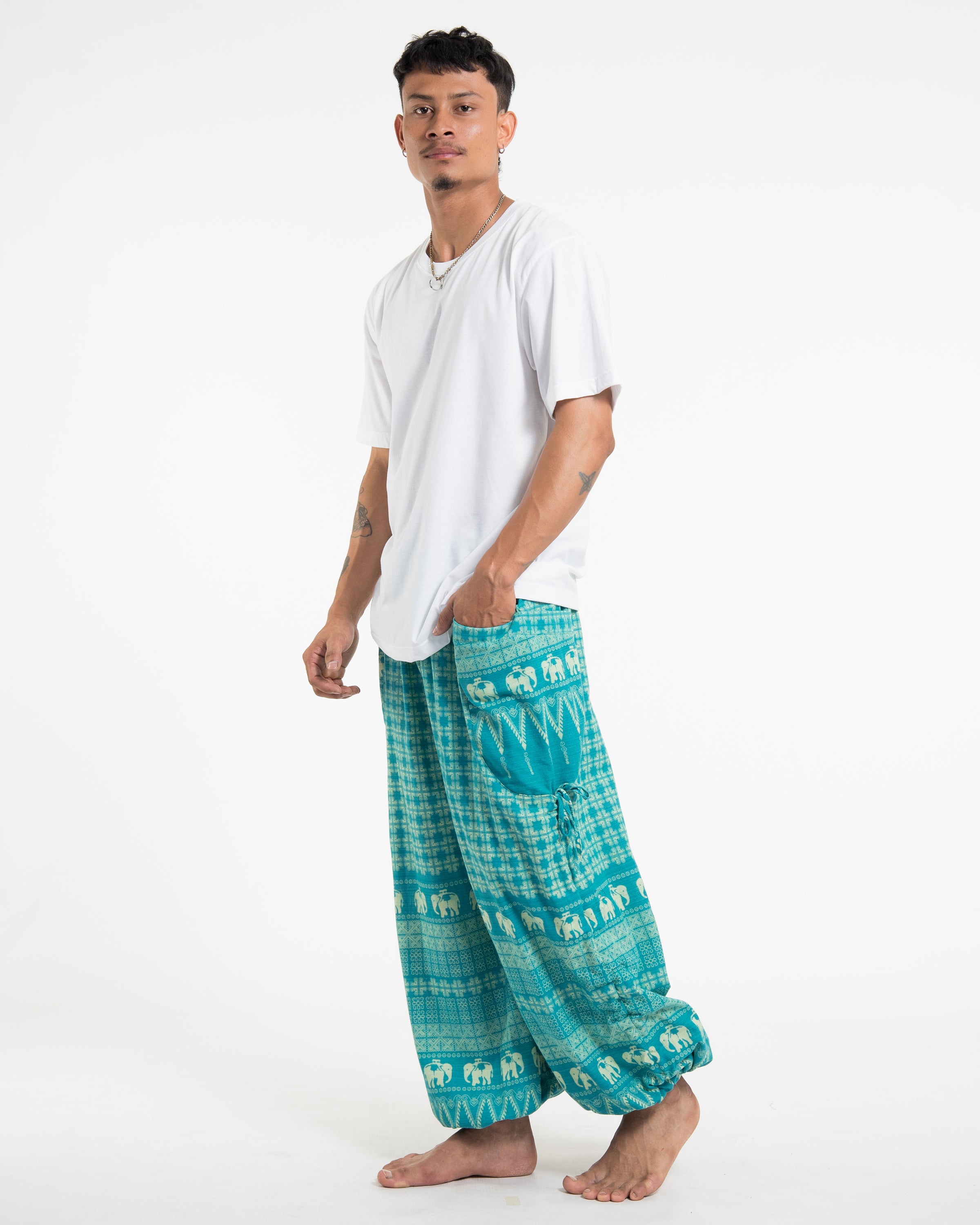 Men's Hill Tribe Cotton Elephant Pants in Turquoise