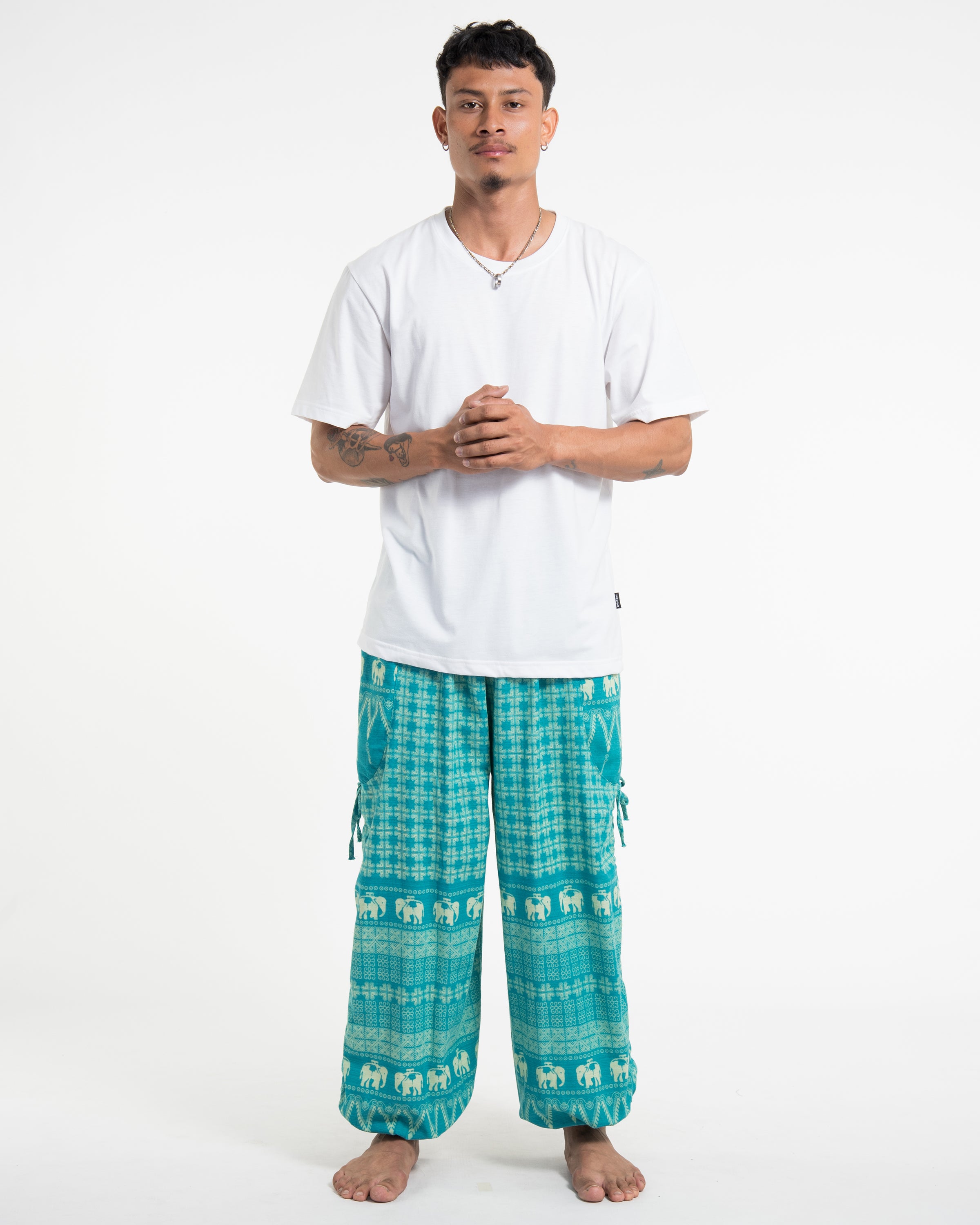Men's Hill Tribe Cotton Elephant Pants in Turquoise