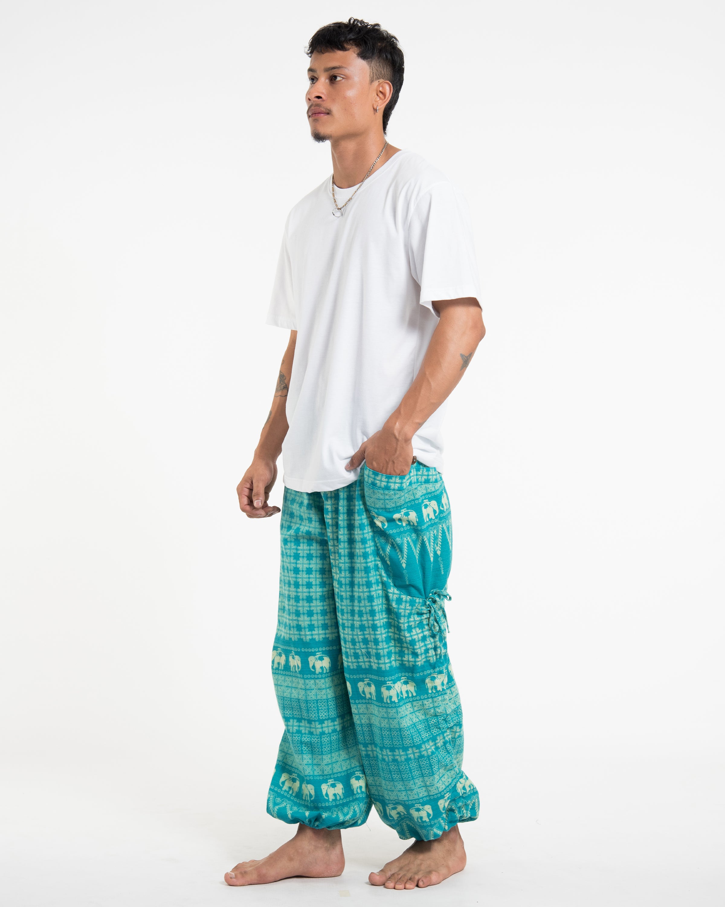 Men's Hill Tribe Cotton Elephant Pants in Turquoise