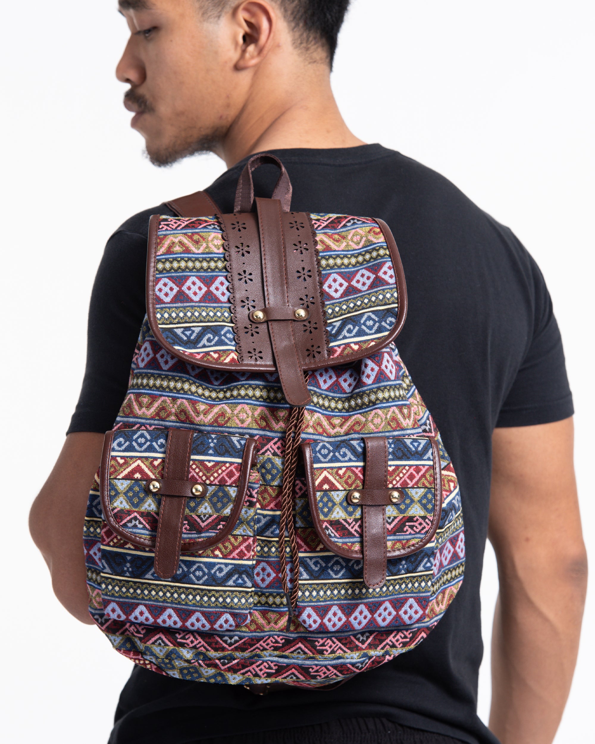 Tribal Woven Fabric with Faux Leather Backpack 03