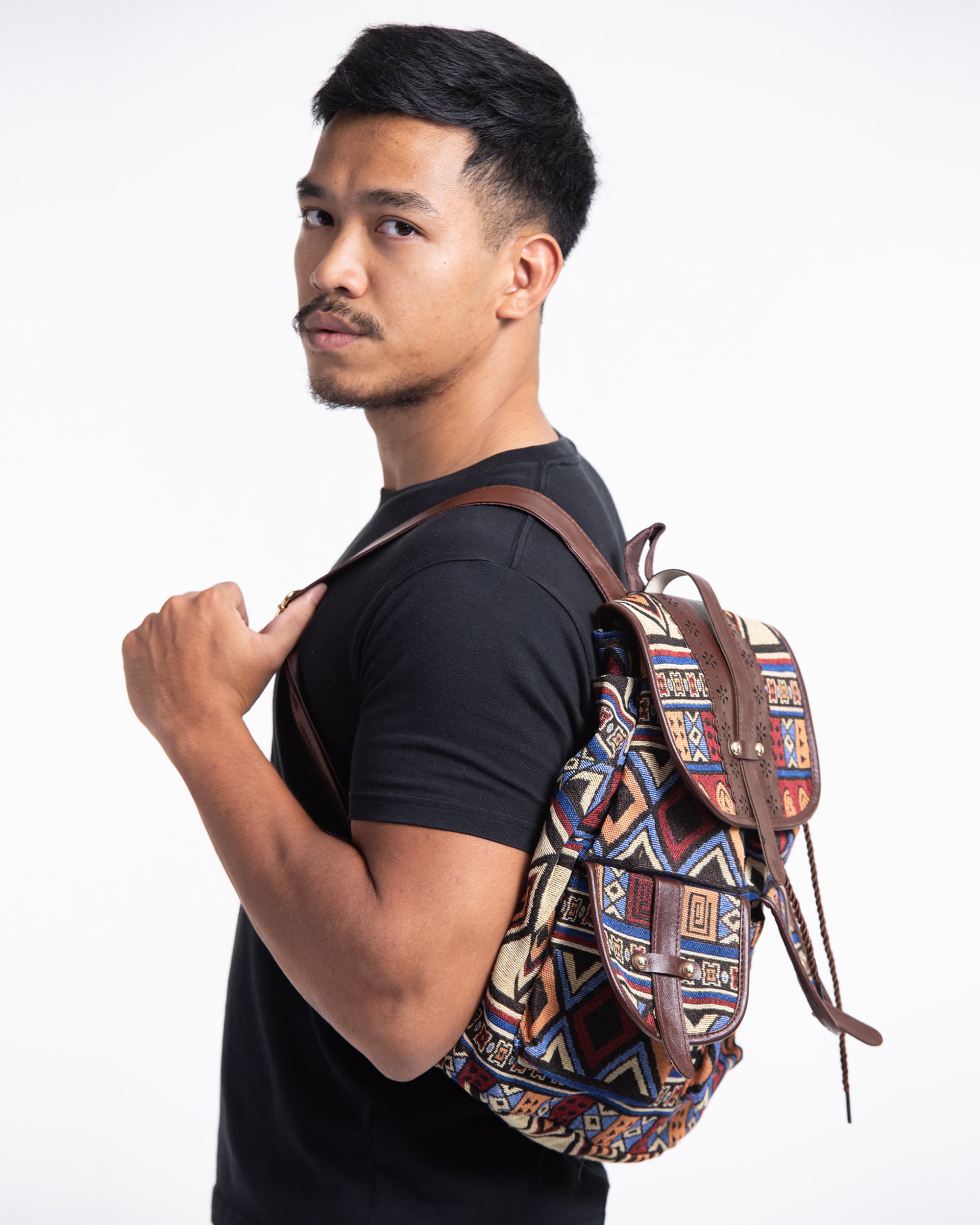 Tribal Woven Fabric with Faux Leather Backpack 04